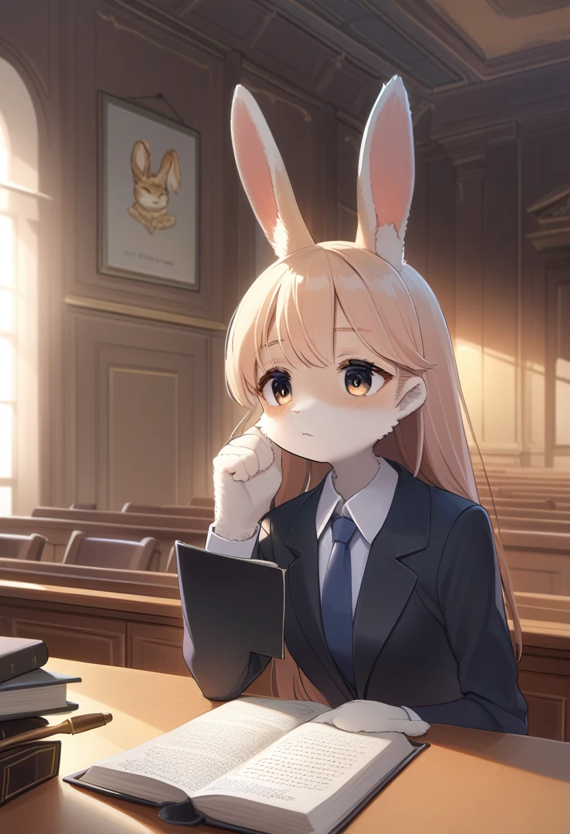 ((Masterpiece)), ((Best Quality)), (Very Detailed), ((Very Detailed)), 4K, (8K), very aesthetic, absurdres highres, 1 girl, (anthropomorphic Rabbit, furry, kemono:1.5), A scene in which a lawyer wearing a dark suit holds a thick law book in his hand and speaks forcefully to the judge with a serious expression on his face in a solemn courtroom. Wooden courtroom furniture and decorations are in the background, warm lighting lends a sense of confidence, and a scale, a symbol of law, hangs on the wall.