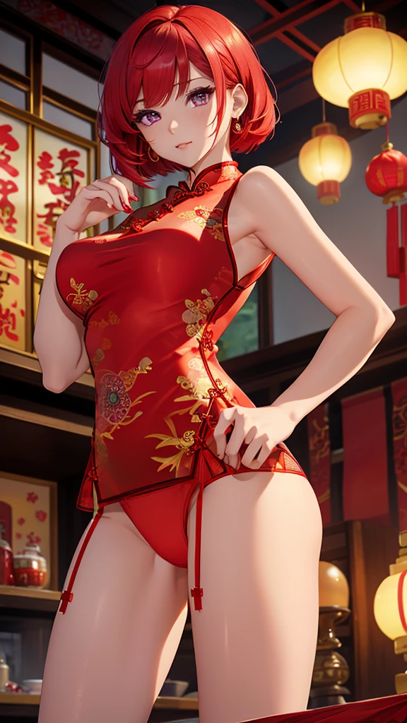 Highest quality、highest quality、Highest Resolution、beautiful girl, Bright red hair,Short Hair、Big Breasts、Hair clip, Detailed purple eyes, ((Red cheongsam like underwear:1.4)),Firm breasts,Gold Necklace、Golden earrings、In close range