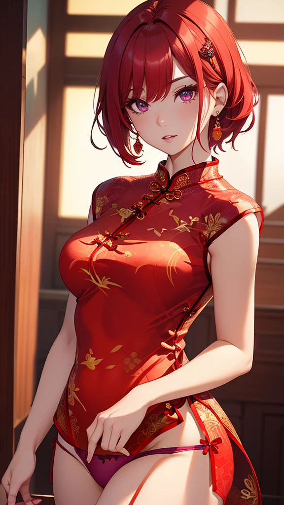 Highest quality、highest quality、Highest Resolution、beautiful girl, Bright red hair,Short Hair、Big Breasts、Hair clip, Detailed purple eyes, ((Red cheongsam like underwear:1.4)),Firm breasts,Gold Necklace、Golden earrings、In close range