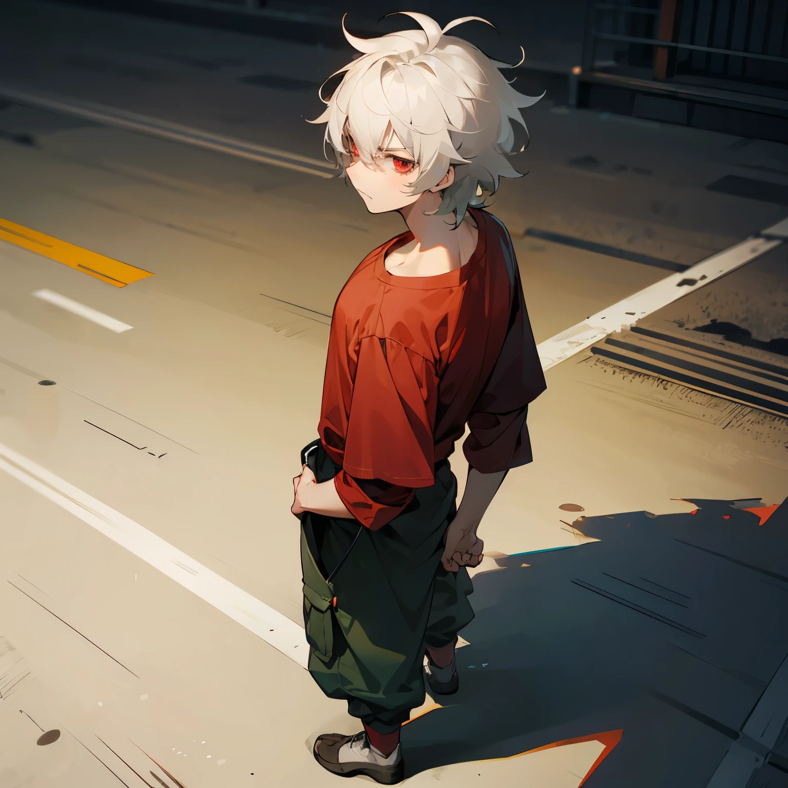 1male , White Hair , Messy Hair , Low Cut Hair , Shaggy Hair , Green Skin , Red Eyes , Baggy Shortsleeve T-Shirt , Long Fitted Sleeves , Combat Clothing , Standing on path , Serious Expression