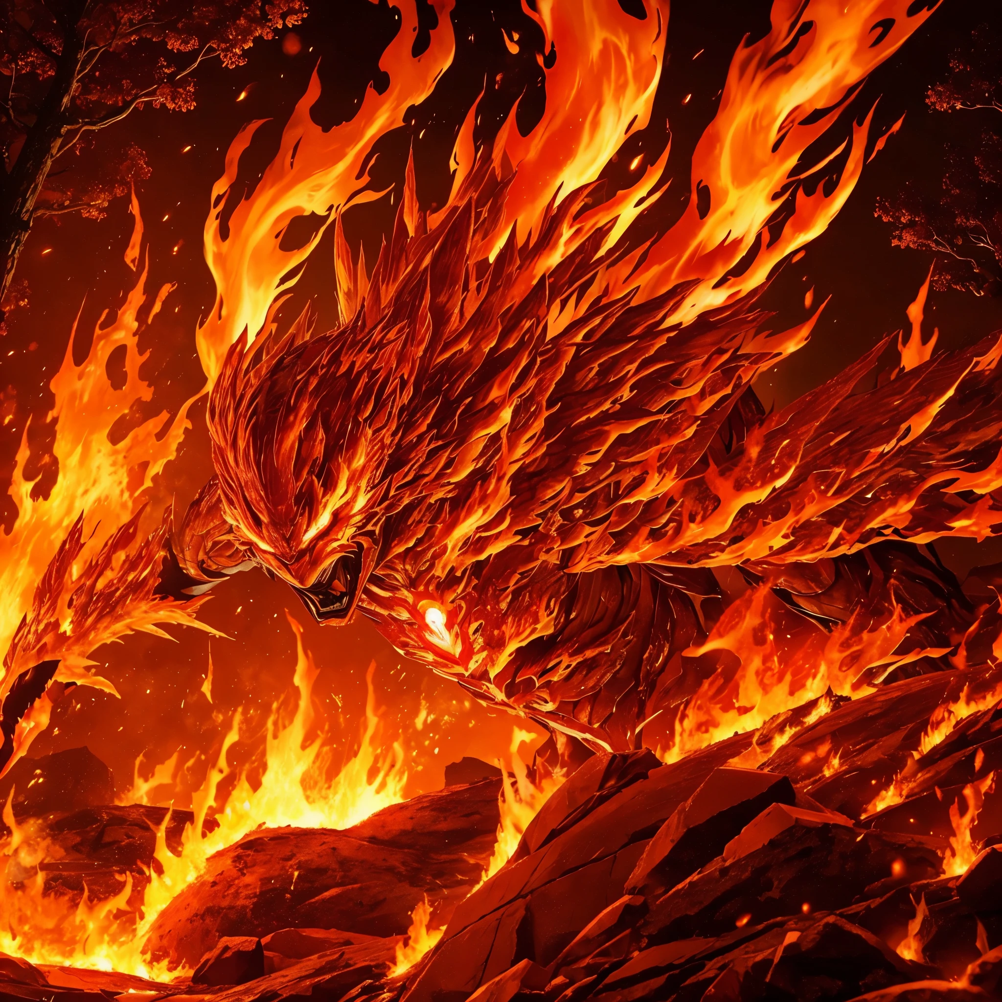 fire elemental, flaming and imposing appearance, body made of flames and lava, absolute fire control, aura of intense heat, faces and shapes of fire in their armor, eyes glowing orange and red, burning forest environment, flaming tree in the background