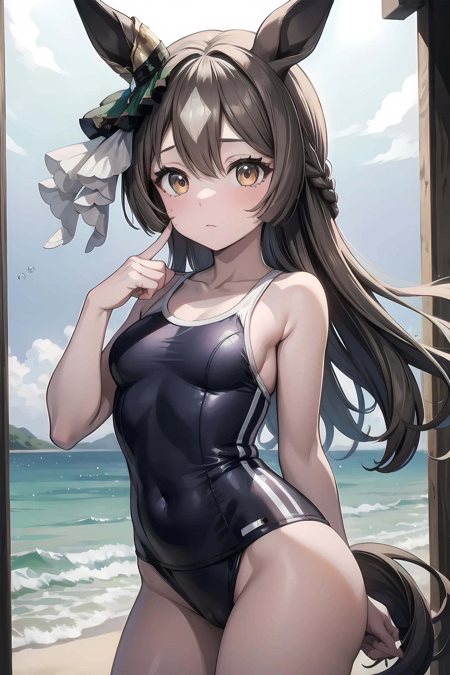 (NSFW:1.1), masterpiece, Highest quality, Ultra-high resolution, Highest Resolution, Very detailed, cowboy shot, very cute, Complete limbs, Shining Eyes, Full Finger, bbsato, long hair, half updo, braid, hair between eyes, animal ears, ear ornament, horse tailr, Embarrassed look, Writhing expression, School swimsuit, Glowing Skin, sexy pose, beach, Bubble, (Wind:1.2)