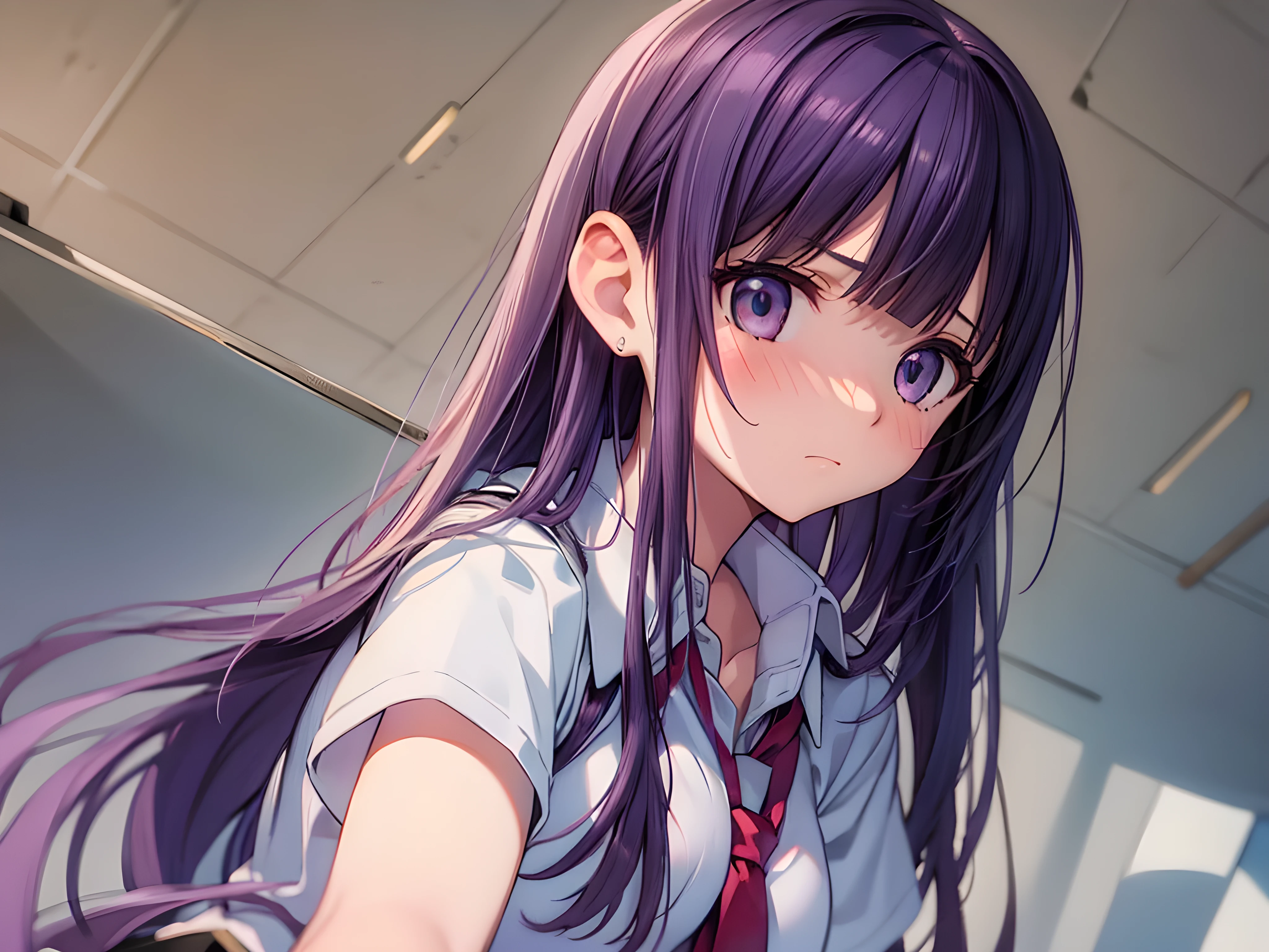 (masterpiece), (best quality), (ultra-detailed),(photorealistic:1.4),(raw photo:1.4),(8k),(extremely detailed CG), (high resolution), (hyper realistic), 1 girl,14 years old, extremely beautiful girl,extremely detailed face,round face,simple eyes,frown,full-face blush,straight hair,long hair,purple hair,(blunt bangs), sweat:0.8,slender body,BREAK,(school uniform,cardigan),((disproportionate breasts, sagging breasts:1.2,hanging breasts:1.2,extreme huge breasts)),(upper body,looking down,from below:2),highly detailed skin, pale skin,