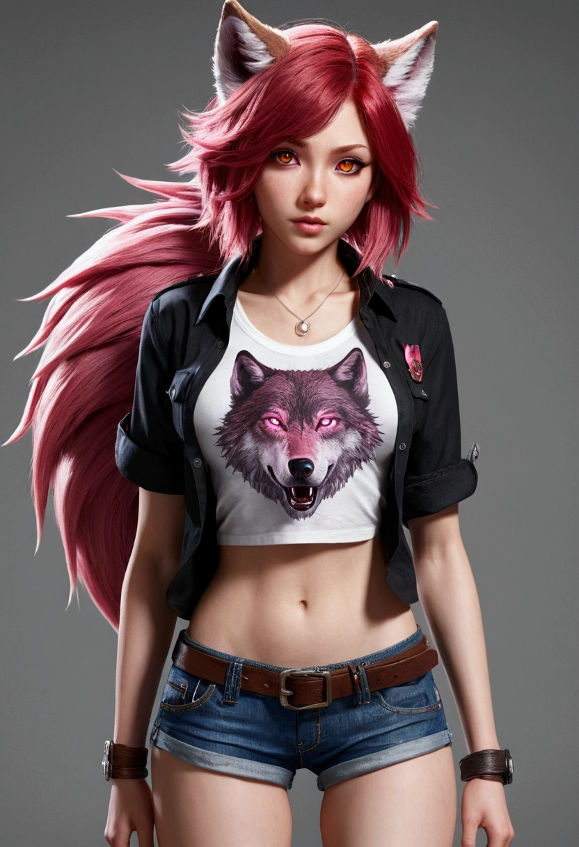 Female One,has red hair,pink eyes,wolf's ears,wolf tail,has a chest,has an ass, wearing short pants and a sexy shirt