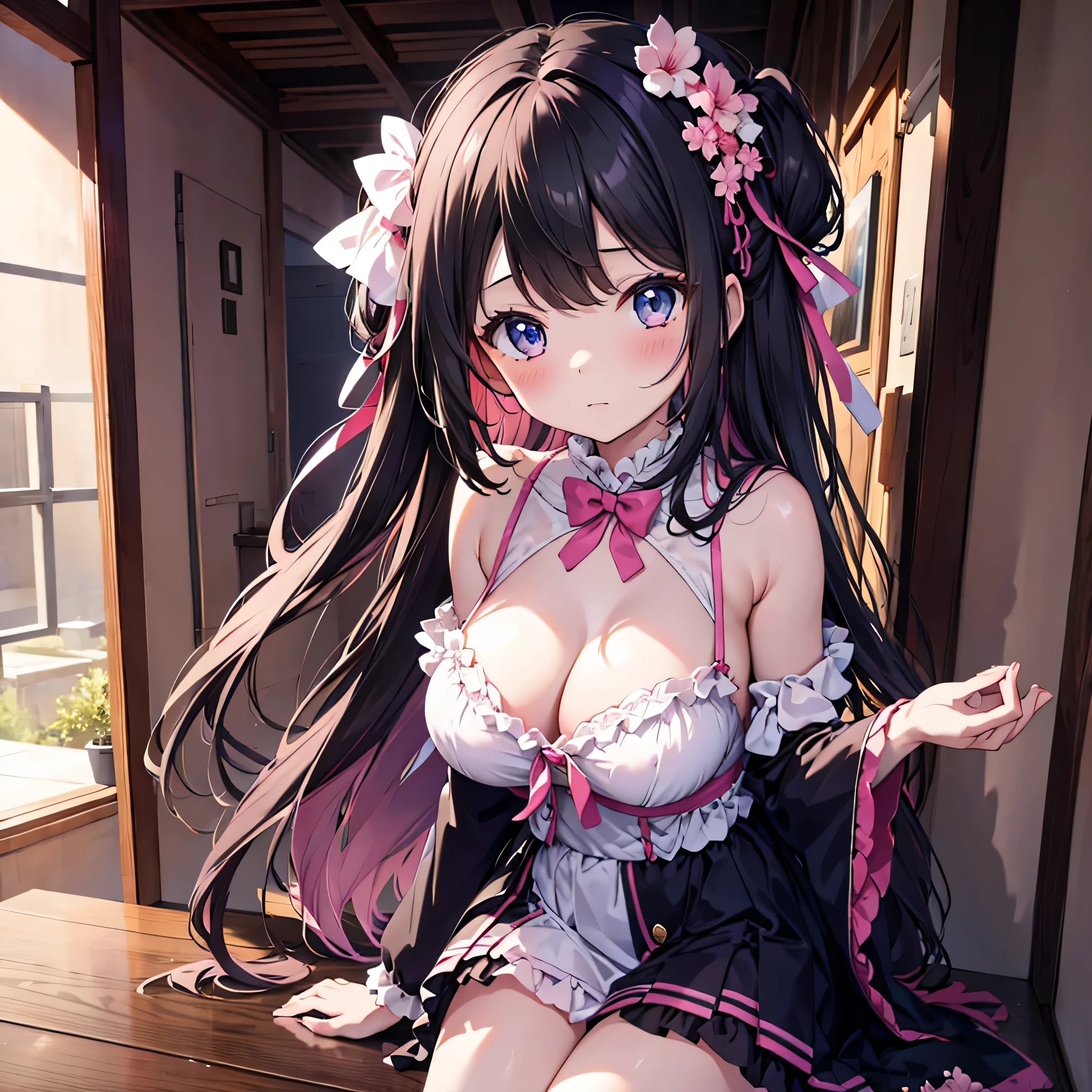 4K,High resolution, (Highly detailed CG,8k,wallpaper)、One five-year-old ,((Young Girl)),((Lori)),(Delicate and slim body),(low length),(Clean detailed eyes),(きれいな整ったLarge Breasts),(Large Breasts),(baby doll),(Black Hair,Pink inner color hair)