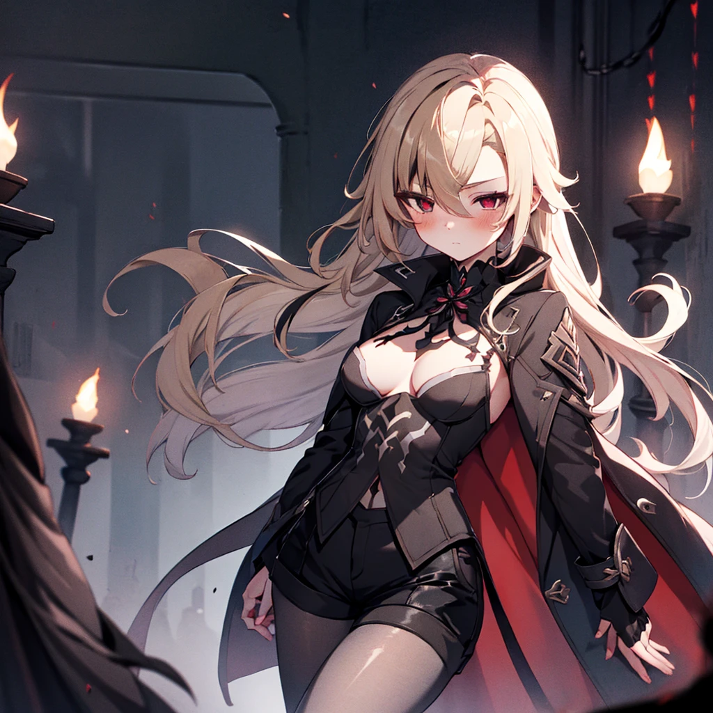 1girl, ashen_blond_hair, long_hair, bangs, red_eyes, two_side_up, hair_over_one_eye, blush, medium_breasts, Black_trench_coat, gauntlets, Black_pantyhose, grey_shorts, pale skin,