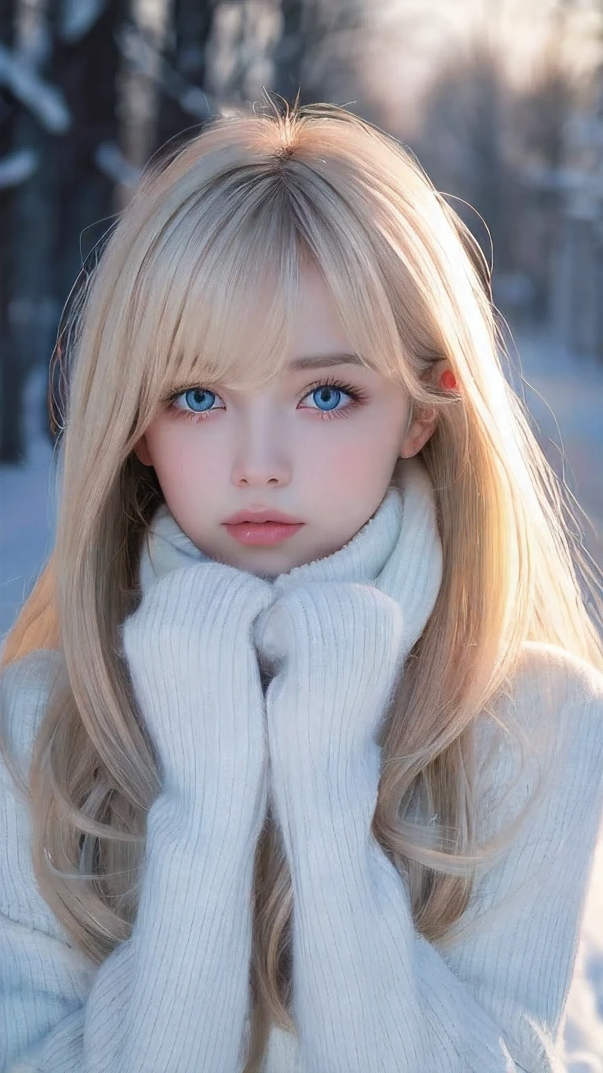 alone, very beautiful nordic girl、Shiny light blonde hair, Beautiful super long straight dazzling blonde hair fluttering in the strong wind,Long bangs obstruct the view、 Very large eyes are pale sky blue, Detailed face, White and beautiful skin、Cheek gloss highlighter、Mittens, White scarf, whole body, Snow Forest, Attractive areas, (Blushing your nose, Heavy breathing:1.1), (dark:1.4)