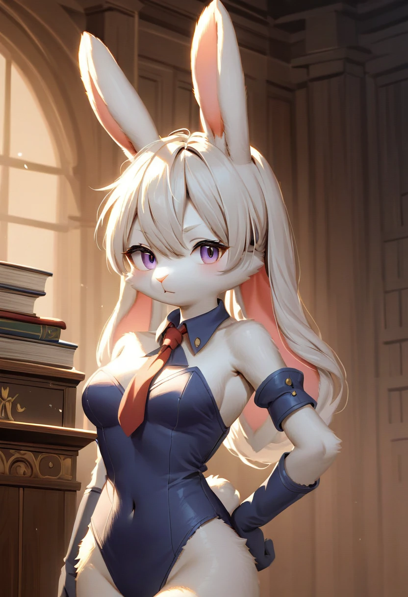 ((Masterpiece)), ((Best Quality)), (Very Detailed), ((Very Detailed)), 4K, (8K), very aesthetic, absurdres highres, 1 girl, (anthropomorphic Rabbit, furry, kemono:1.5), A scene in which a lawyer wearing a dark suit holds a thick law book in his hand and speaks forcefully to the judge with a serious expression on his face in a solemn courtroom. Wooden courtroom furniture and decorations are in the background, warm lighting lends a sense of confidence, and a scale, a symbol of law, hangs on the wall.