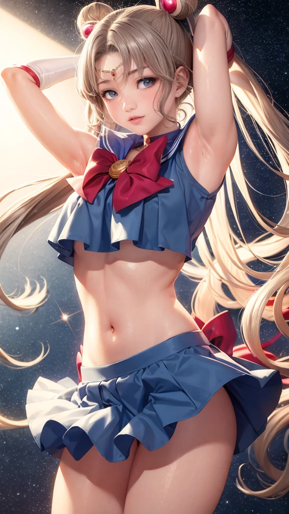masterpiece, The best quality, 1girl,Tsukino Usagi,Gray background, gloves, breasts, blush, TURN ON, shiny skin, lips, Bedroom, showing armpits and pussy half naked, blue mini skirt.