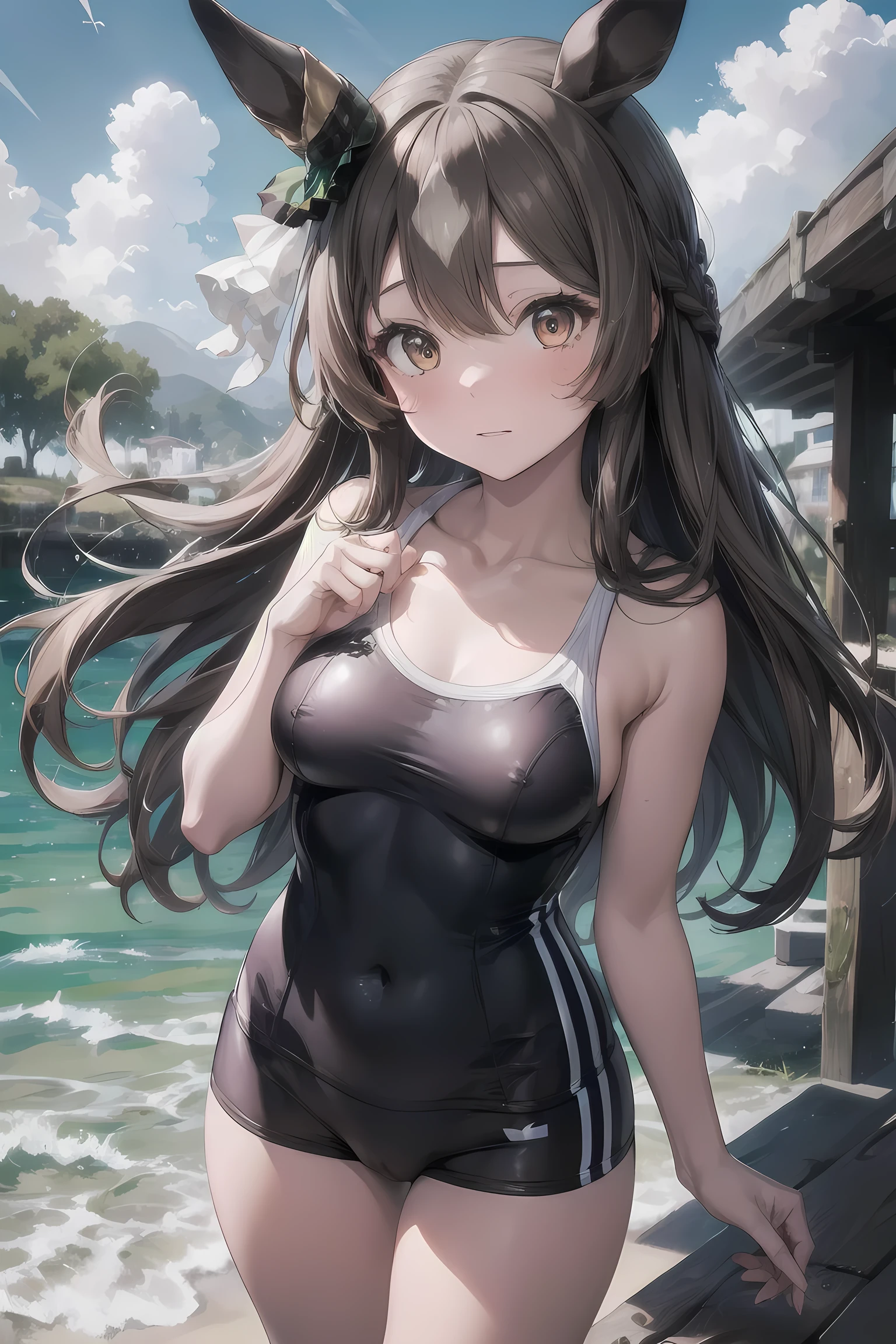 (NSFW:1.1), masterpiece, Highest quality, Ultra-high resolution, Highest Resolution, Very detailed, cowboy shot, very cute, Complete limbs, Shining Eyes, Full Finger, bbsato, long hair, half updo, braid, hair between eyes, animal ears, ear ornament, horse tailr, Embarrassed look, Writhing expression, School swimsuit, Glowing Skin, sexy pose, beach, Bubble, (Wind:1.2)