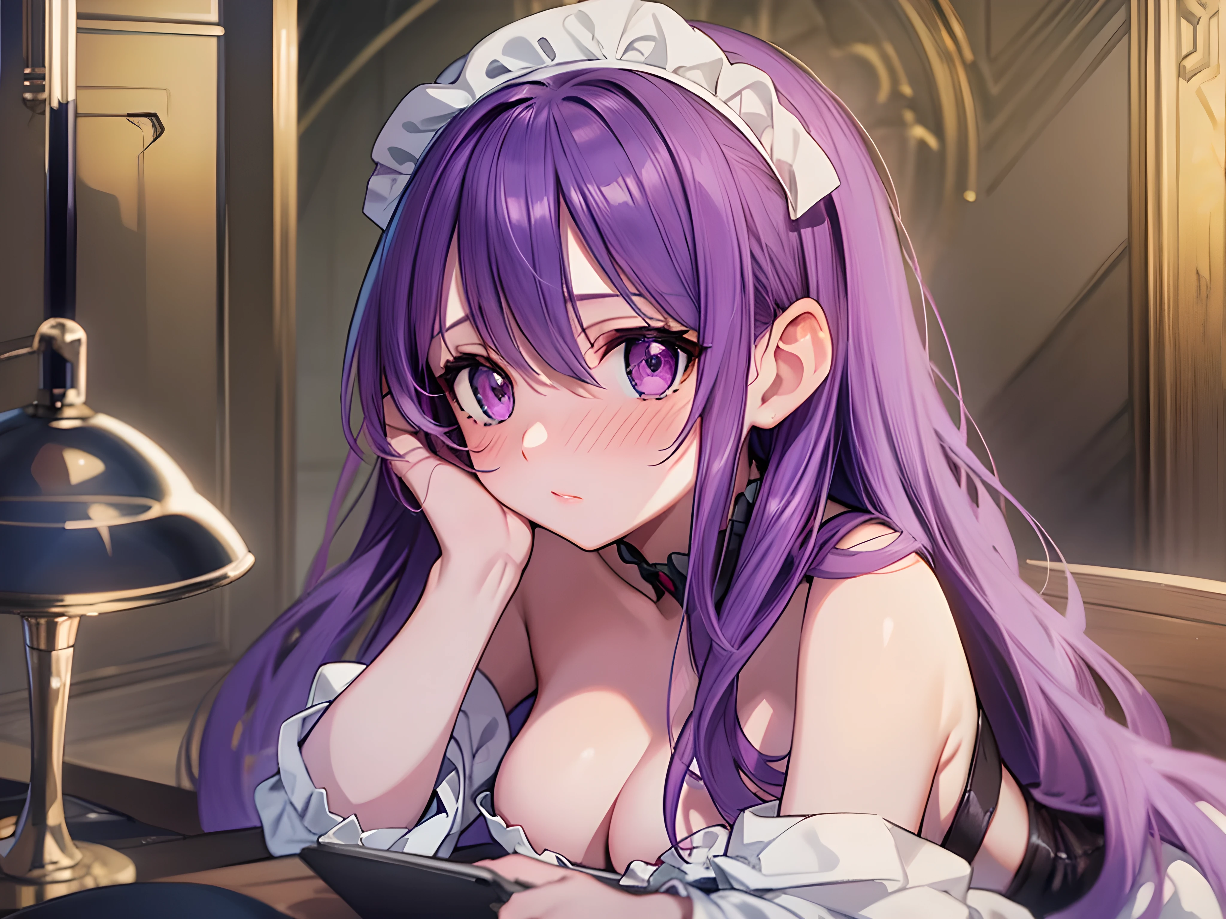 (masterpiece, best quality, ultra-detailed, extremely detailed CG, beautiful, high resolution ,hyper realistic),1 girl,20 years old,extreme beautiful girl ,extremely detailed face,purple eyes,separated lips, embarrassed, shyness, cheeks shining,purple hair,long hair,hime cut hair, big breasts, curvy body,pale skin, BREAK ((maid costume,maid headrest)),(off shoulder ,sleeveless ),bare cleavage,collarbone), BREAK leaning forward,squeeze the breasts,(close-up to face),from front,looking up viewer,overhead shot,dynamic lighting,