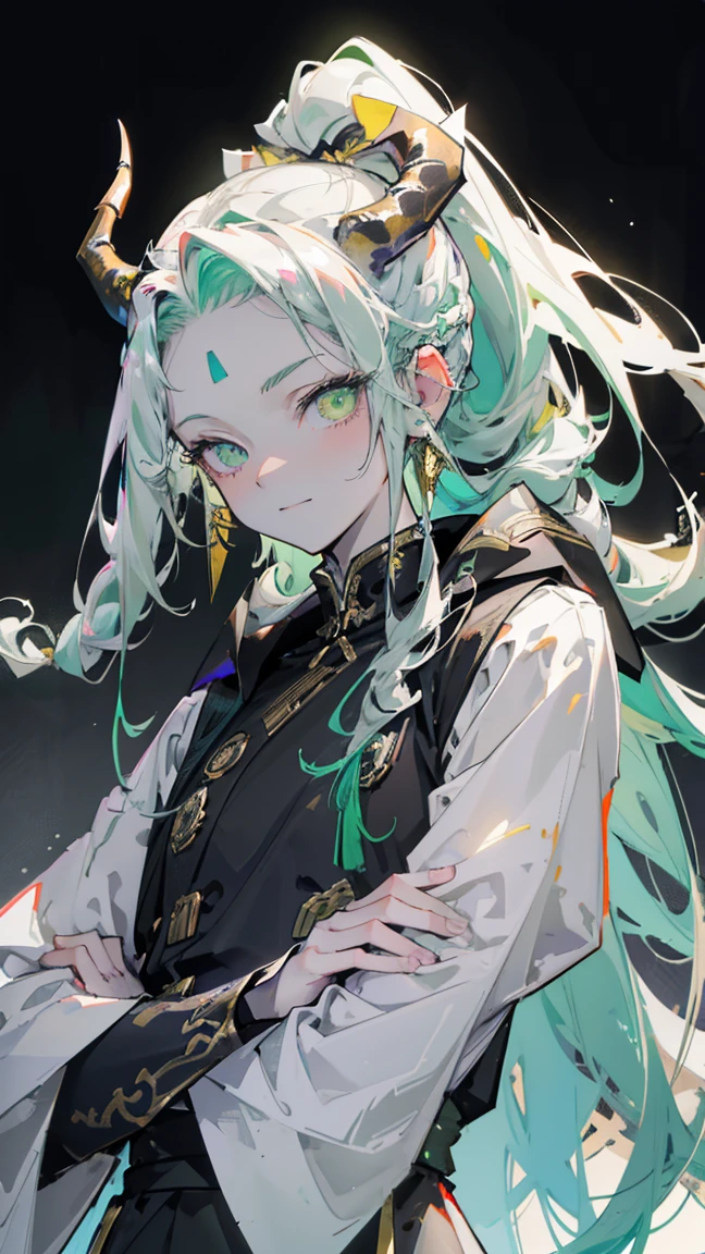 cheerful boy aristocrat open forehead. dark green hair braided in a ponytail on the left side to one side. sinuous black horns wrapped in dark green ribbon. pale green eyes. in short dark green shorts. long white T-shirt. dark green knee-high socks. a white long robe with a hood flutters in the wind. black ancient stone walls of the castle purple light from lamps with gold ornaments, heterochromia, long curly hair, pale skin, I look at the viewer, closed mouth, bright smile, Beautiful, extremely detailed eye, Absolutely amazing art, extremely detailed, Digital art of the highest quality, full length, old piano, ancient walls of a stone castle 