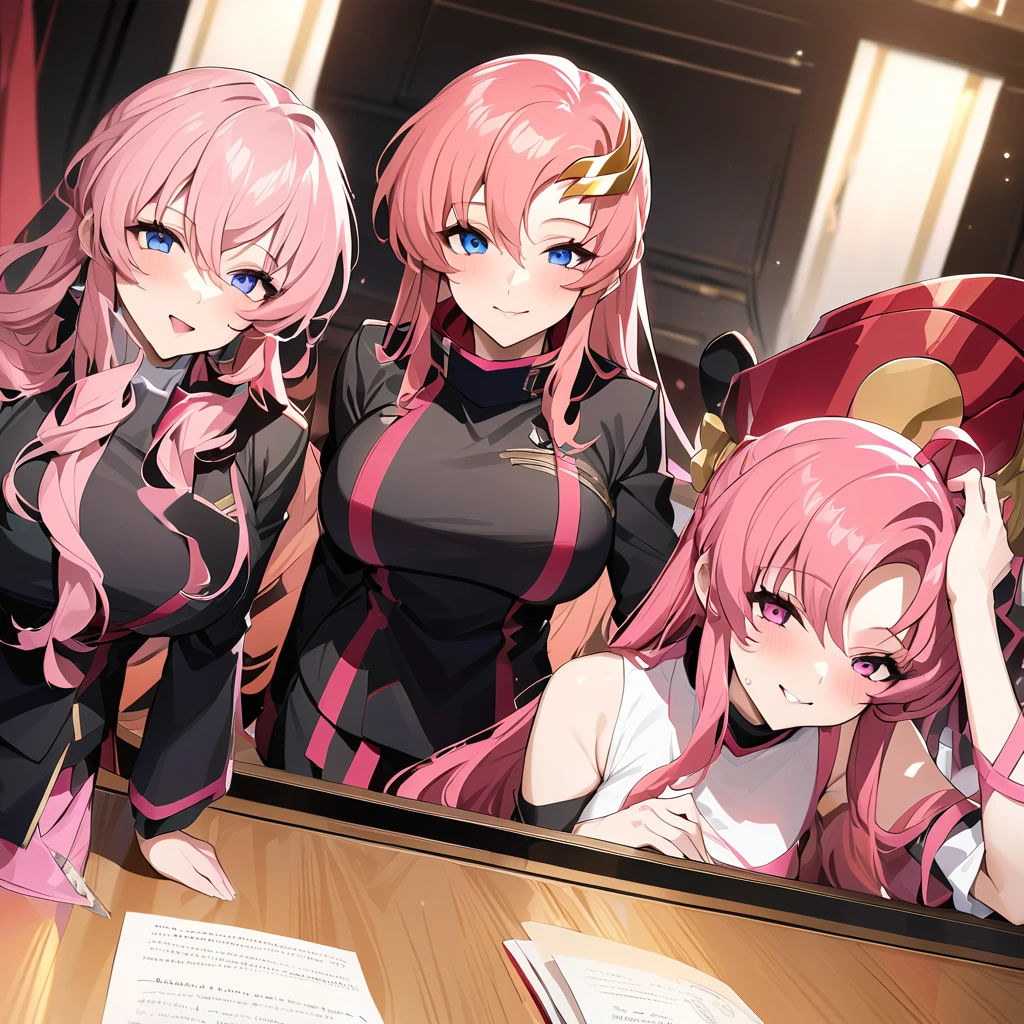 ((Highest quality)), ((masterpiece)), (detailed), (Perfect Face)、The woman is Lacus Clyne, a member of the Foundation and wife of Orpheus, King of the Accord, wearing the Black Knights Code uniform, an engagement ring, beautifully decorated accessories, and a gorgeous hair ornament. She has medium-long pink hair.、Beloved wife of Orpheus, King of Accord