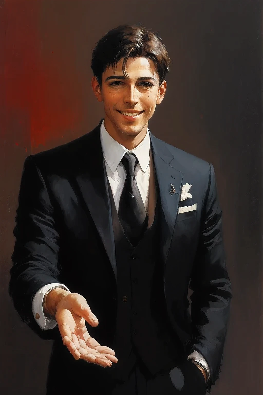 A lawyer, reach out your hand, smiling, confident, (style of peter wileman:0.5),