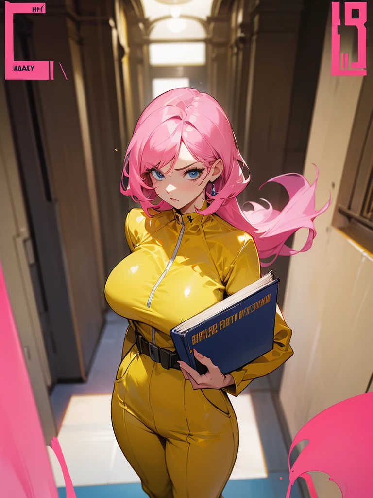 Mature woman with serious look, Facial Focus, big pink hair, shining blue eyes, wearing a mustard yellow jumpsuit, breasts big, looking 35 years old, eye on the spectator, look to the camera, , the background is a dark corridor, Hands on waist, thick-thighs, ((look ahead)), Masterpiece artwork, holding secret book