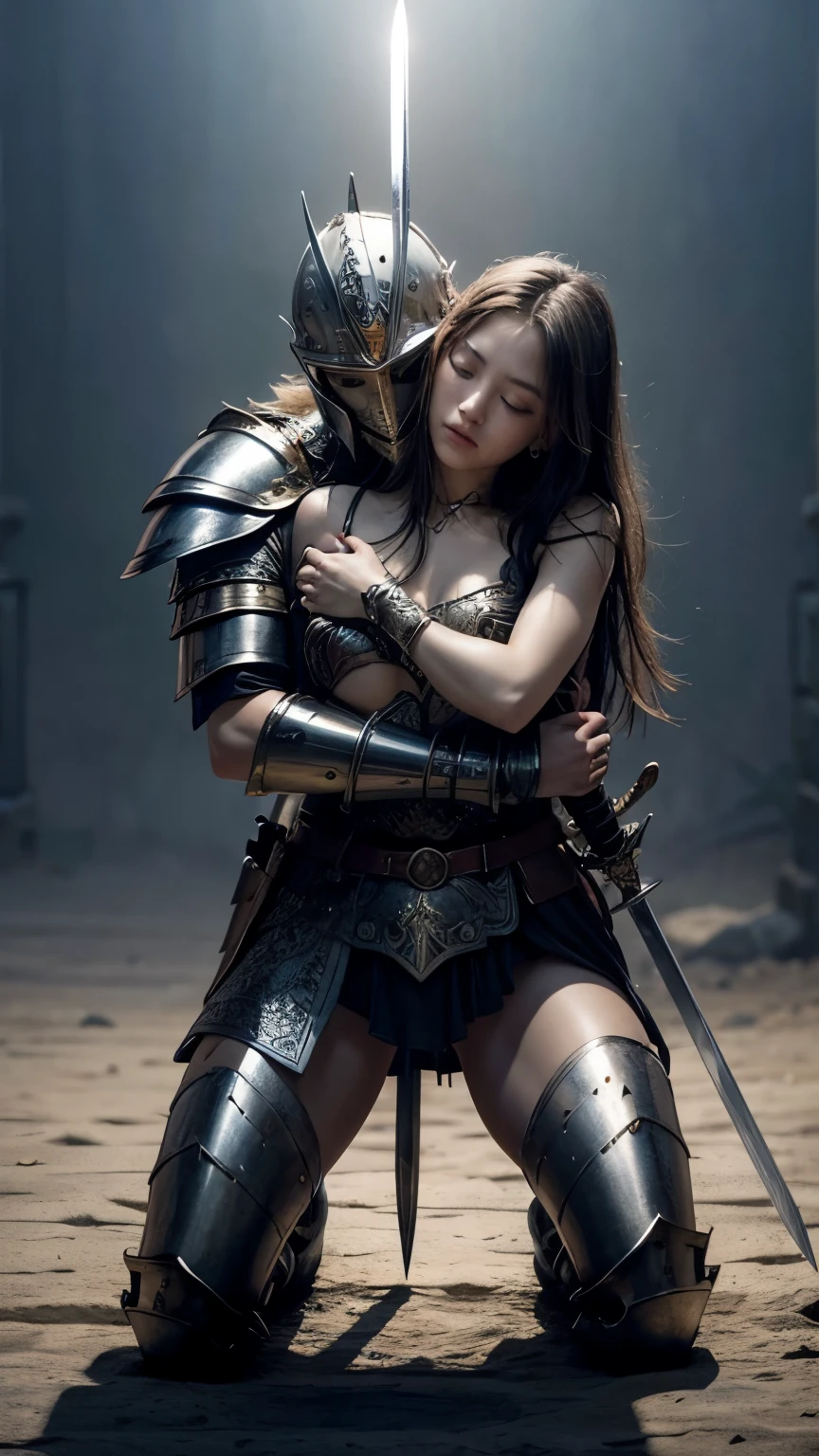 Kneeling warrior with armor and sword, spirit of a woman embracing the Warrior.