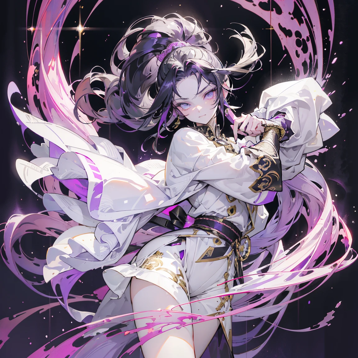 cheerful boy aristocrat open forehead. dark purple hair braided in a ponytail on the left side to one side. sinuous black horns wrapped in dark purple ribbon. pale violet eyes. in short dark purple shorts. long white T-shirt. dark purple knee-high socks. a white long robe with a hood flutters in the wind. black ancient stone walls of the castle purple light from lamps with gold ornaments, heterochromia, long curly hair, pale skin, I look at the viewer, closed mouth, bright smile, Beautiful, extremely detailed eye, Absolutely amazing art, extremely detailed, Digital art of the highest quality, full length, old piano, ancient walls of a stone castle 