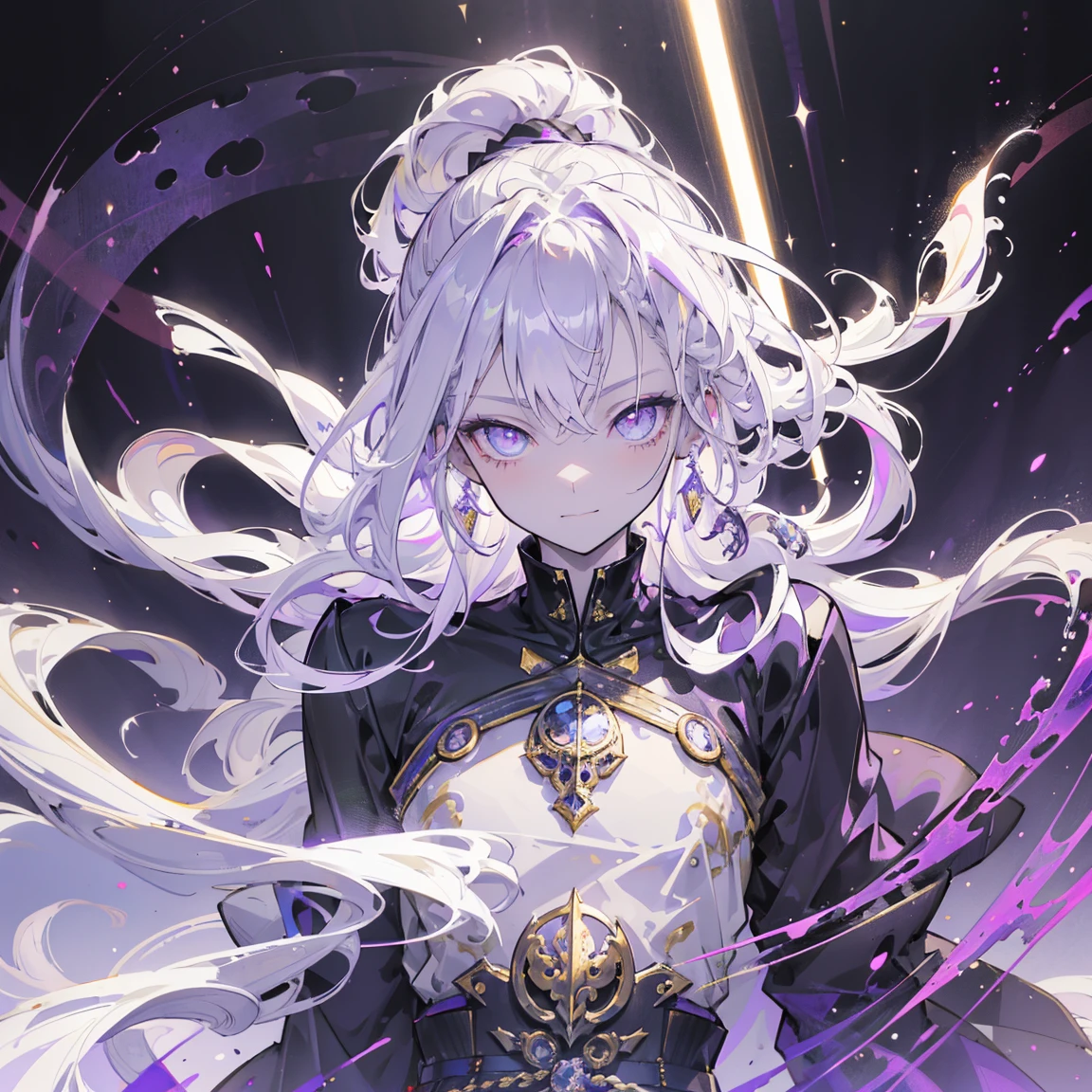 cheerful boy aristocrat open forehead. dark purple hair braided in a ponytail on the left side to one side. sinuous black horns wrapped in dark purple ribbon. pale violet eyes. in short dark purple shorts. long white T-shirt. dark purple knee-high socks. a white long robe with a hood flutters in the wind. black ancient stone walls of the castle purple light from lamps with gold ornaments, heterochromia, long curly hair, pale skin, I look at the viewer, closed mouth, bright smile, Beautiful, extremely detailed eye, Absolutely amazing art, extremely detailed, Digital art of the highest quality, full length, old piano, ancient walls of a stone castle