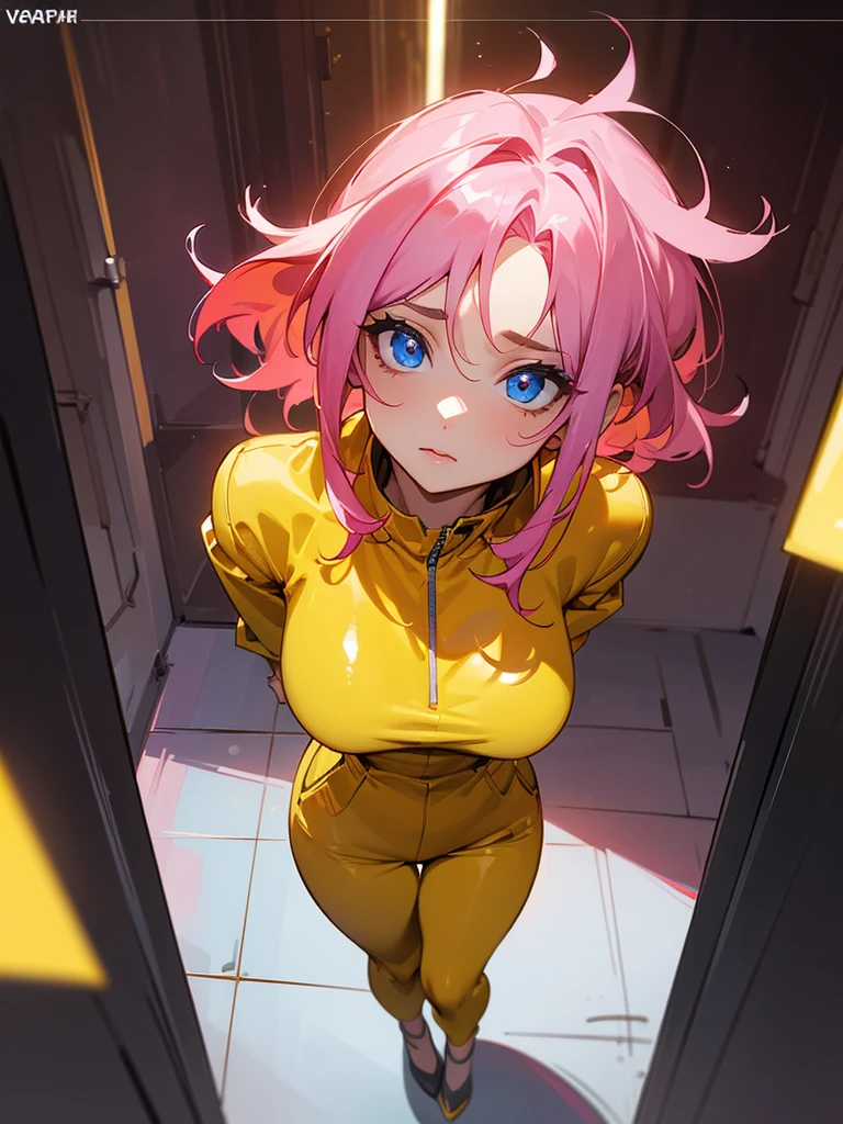 Mature woman inside a server being viewed through a HUD with information, Facial Focus,  big pink hair, shining blue eyes, wearing a mustard yellow jumpsuit, breasts big, looking 35 years old, eye on the spectator, look to the camera, , the background is a dark corridor,  Hands on waist, thick-thighs, ((look up looking at the viewer)), Masterpiece artwork