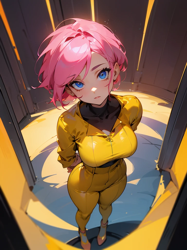 woman inside a server being viewed through a HUD with information, Facial Focus, big pink hair, shining blue eyes, wearing a mustard yellow jumpsuit, breastlooking 35 years old, eye on the spectator, look to the camera, , the background is a dark corridor, Hands on waist, thick-thighs, ((look up looking at the viewer)), Masterpiece artwork