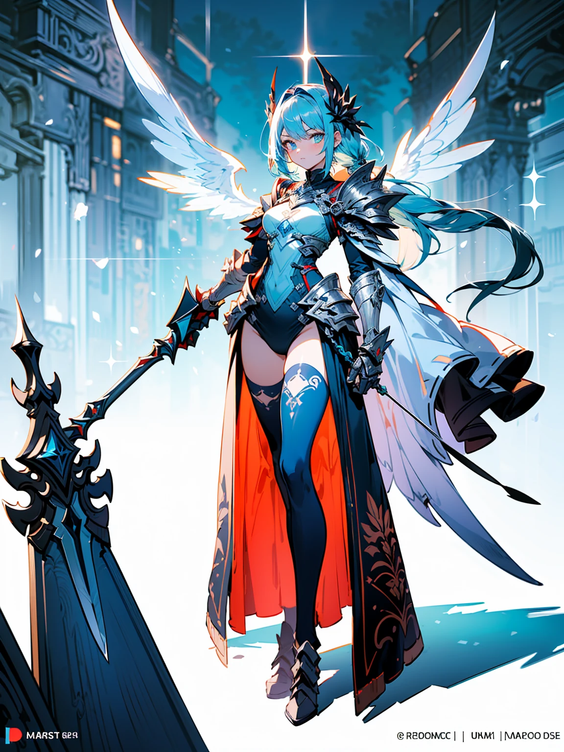 (((masterpiece, best quality, high detailed, 8k))) Design a layout showcase Gaming character, (1girl). Red|Black clothes, stylish and unique. ((showcase weapon:1.4)), enchanted sword. (masterpiece:1.2), (best quality), 4k, ultra-detailed. (Step by step design, layout art:1.5), (luminous lighting, atmospheric lighting). warrior, ((glove full hands)), (((revealing clothes:1.3))), vambraces, armored legwear, (((full_body_shot:1.4))). {In a mystical forest}.
