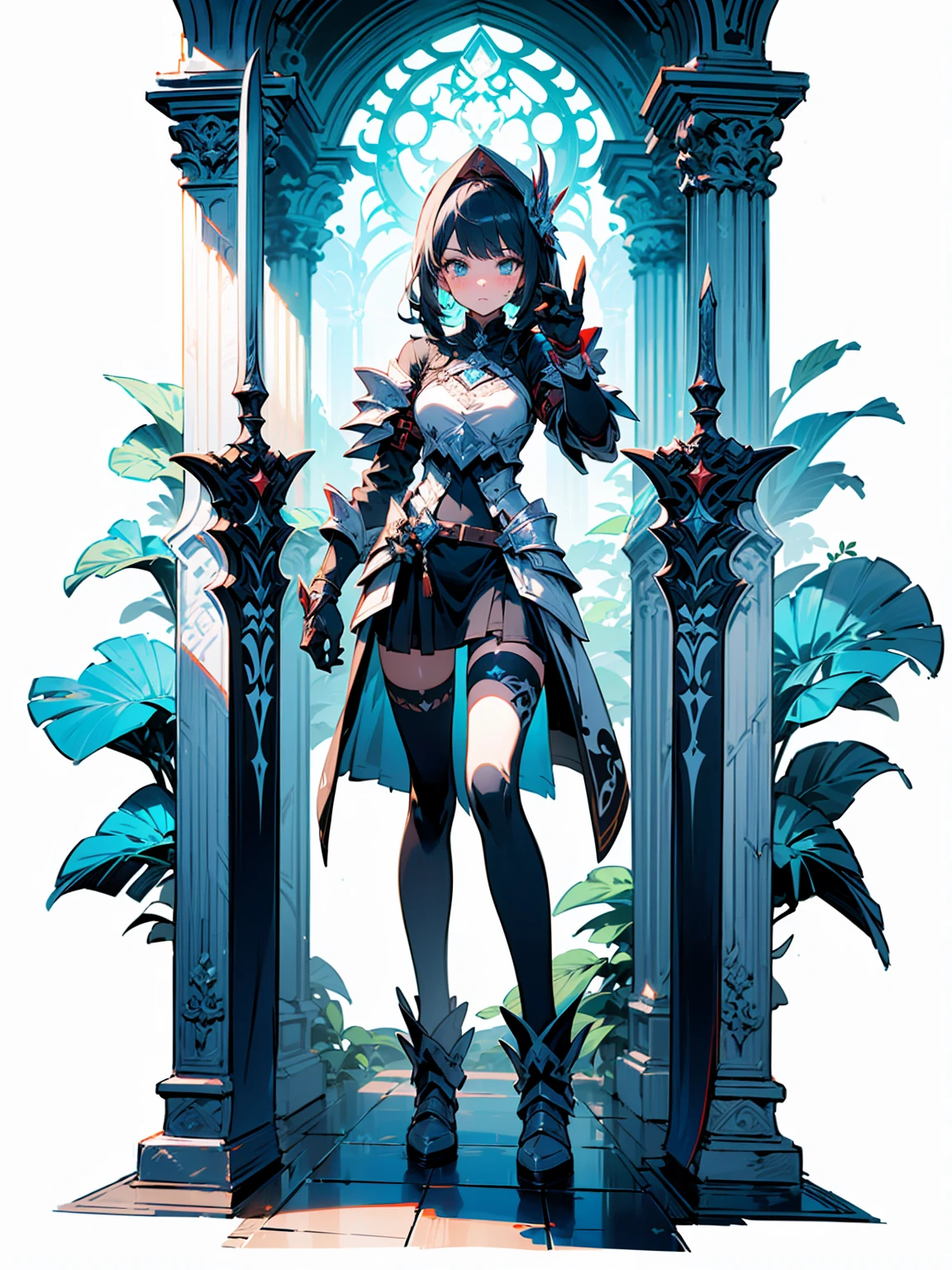 (((masterpiece, best quality, high detailed, 8k))) Design a layout showcase Gaming character, (1girl). Red|Black clothes, stylish and unique. ((showcase weapon:1.4)), enchanted sword. (masterpiece:1.2), (best quality), 4k, ultra-detailed. (Step by step design, layout art:1.5), (luminous lighting, atmospheric lighting). warrior, ((glove full hands)), (((revealing clothes:1.3))), vambraces, armored legwear, (((full_body_shot:1.4))). {In a mystical forest}.