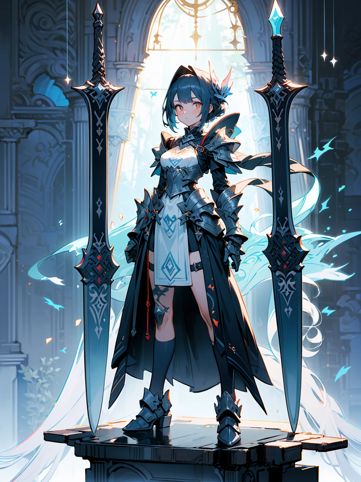 (((masterpiece, best quality, high detailed, 8k))) Design a layout showcase Gaming character, (1girl). Red|Black clothes, stylish and unique. ((showcase weapon:1.4)), enchanted sword. (masterpiece:1.2), (best quality), 4k, ultra-detailed. (Step by step design, layout art:1.5), (luminous lighting, atmospheric lighting). warrior, ((glove full hands)), (((revealing clothes:1.3))), vambraces, armored legwear, (((full_body_shot:1.4))). {In a mystical forest}.