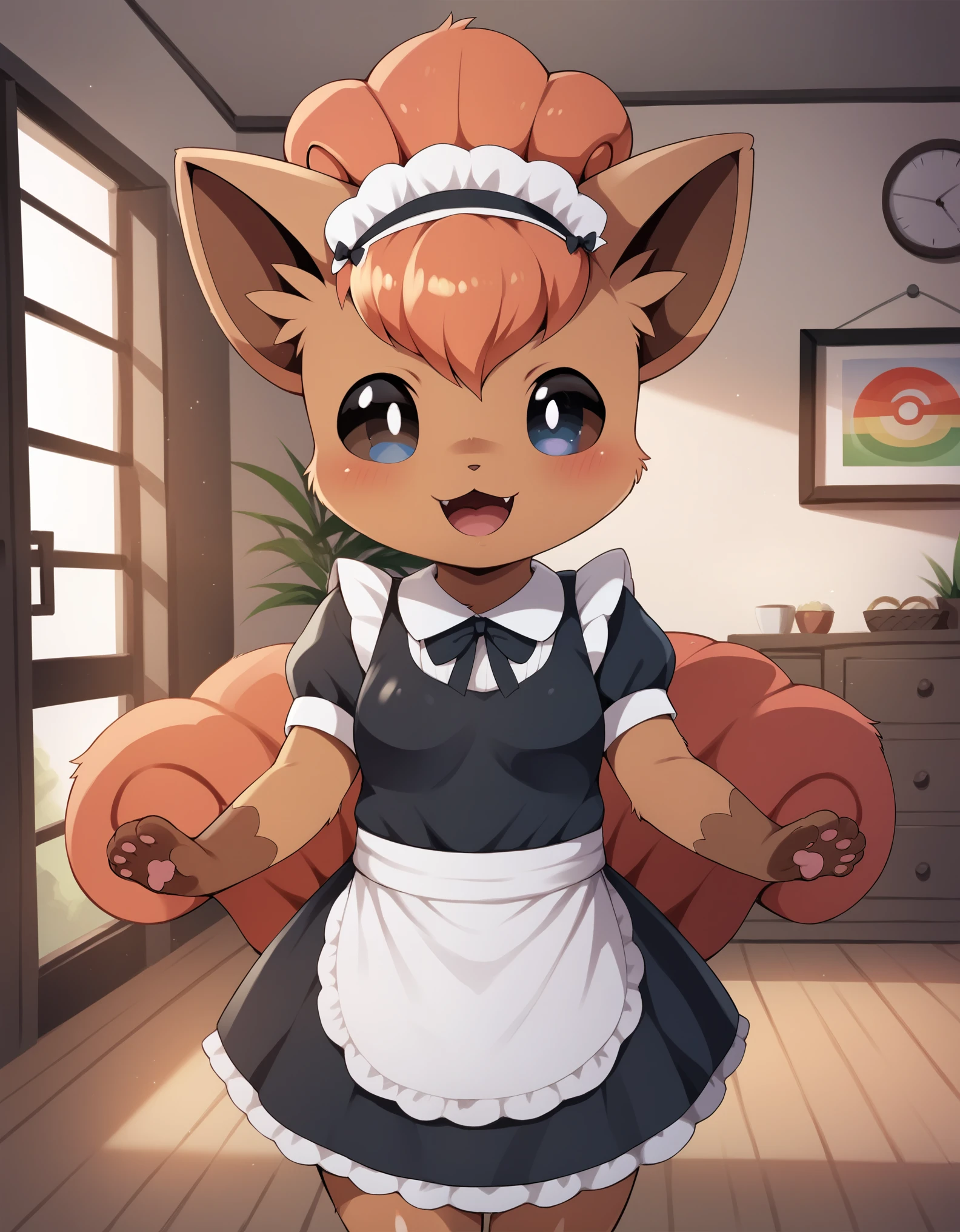 dagasi, body fur, score_9, score_8_up, score_7_up, score_6_up, rating_questionable, anthro, (furry, anthro:1.2) (detailed fluffy fur), solo, furry female, pokemon (creature),,vulpix , cute, ,pokemon, (small breasts), ,cute, cute eyes, cute head), (beautifully detailed face, oily shiny skin), (detailed eyes, sharp eyes, clear pupils:0.8), masterpiece, happy, hands empty, smile,mouth, background living room,house,dressed, wear maid outfit, 