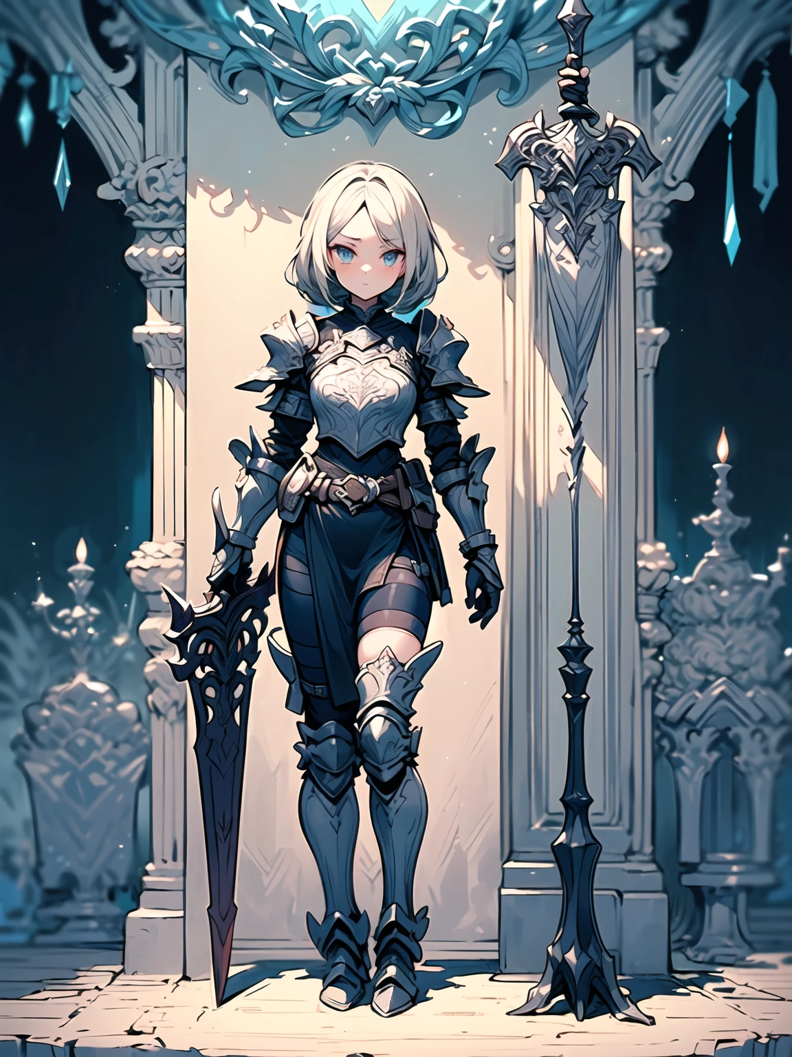 (((masterpiece, best quality, high detailed, 8k))) Design a layout showcase Gaming character, (1girl). Red|Black clothes, stylish and unique. ((showcase weapon:1.4)), enchanted sword. (masterpiece:1.2), (best quality), 4k, ultra-detailed. (Step by step design, layout art:1.5), (luminous lighting, atmospheric lighting). warrior, ((glove full hands)), (((revealing clothes:1.3))), vambraces, armored legwear, (((full_body_shot:1.4))). {In a mystical forest}.