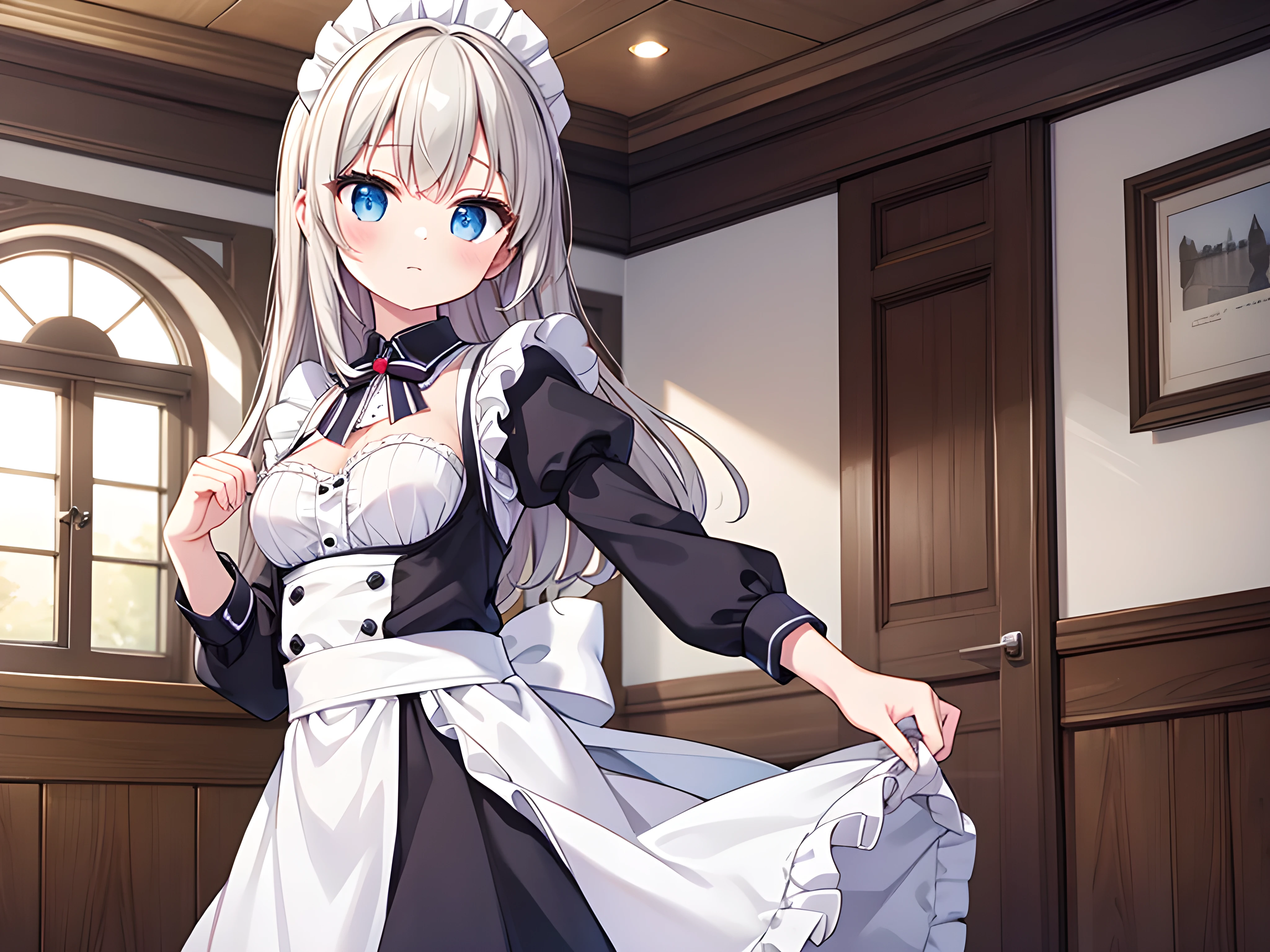 (best quality,high resolution),solo,,(shirt lift),lift by self,maid uniform, small breasts, in the cafe