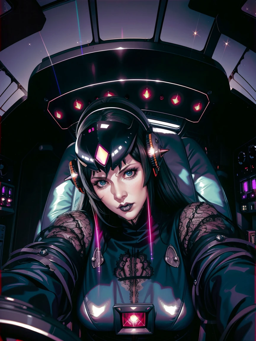 (((gothic vampire piloting) in gothic spacecraft)), (((retro anime))), ((from below)), ((fisheye-view)), ((((gothic)) control panels)), (((mature))), (((gothic))), (iridescent) bodysuit, ((((lace accessories)))), ((pilot seat)), ((((lying back)) pose)), (((elegant))), (((serious tone))), ((cockpit top control panel)), intricate control panel details, close-up, 1990s (style), masterpiece, ((claustrophobic)), best quality, screens, ((pilot helmet)), night, ((low key light)), (colorful cockpit lights), sparkles, (dramatic lighting), sweat, [blushing], [[pointy ears]], (realistic), (dark background)