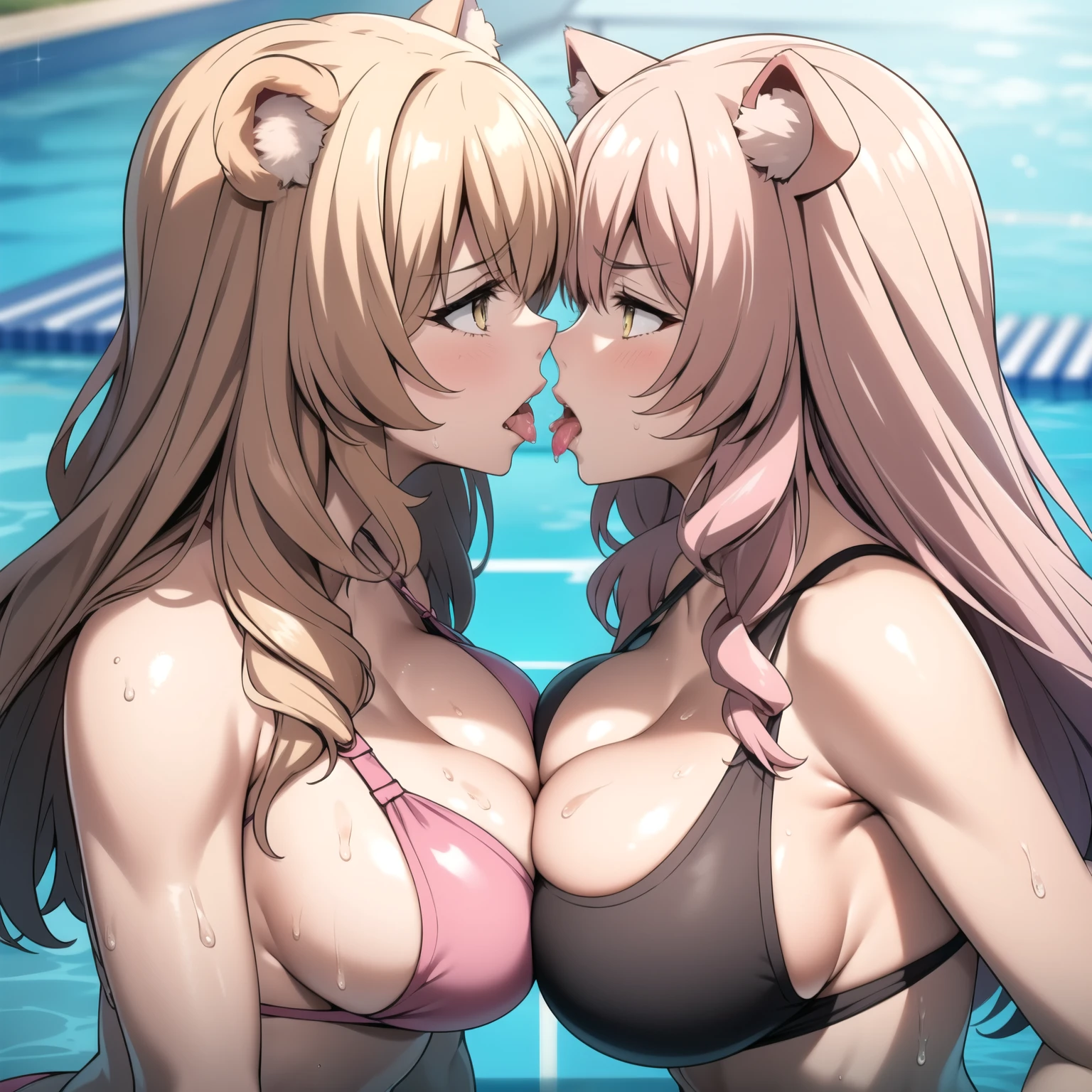 Raphtalia. two women, bear and cat  ears, yellow eyes, blonde hair with pink tips, big breasts,  expression of fury open mouth, frown, pink bikini, big breasts, kissing, kiss con lengua, kiss. fondo una piscina. sweaty bodies, kiss saliva.