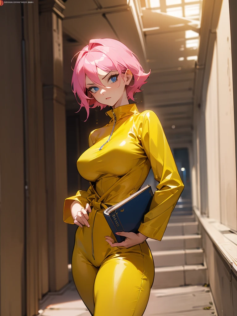 Mature woman with serious look, Facial Focus, big pink hair, shining blue eyes, wearing a mustard yellow jumpsuit, breasts big, looking 35 years old, eye on the spectator, look to the camera, , the background is a dark corridor, Hands on waist, thick-thighs, ((look ahead)), Masterpiece artwork, holding secret book