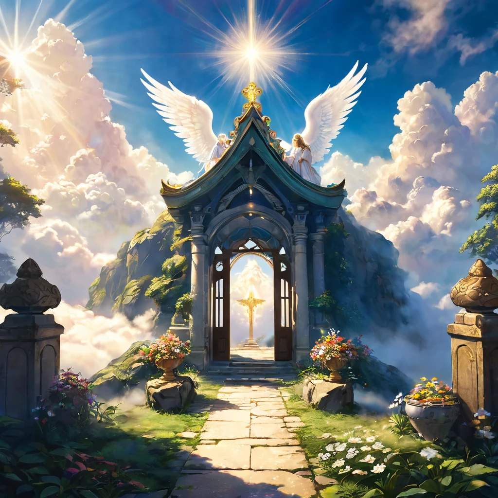 Shrine above the clouds, An angelic visit, Perfect lighting, Return the gate, A sacred space filled with light.