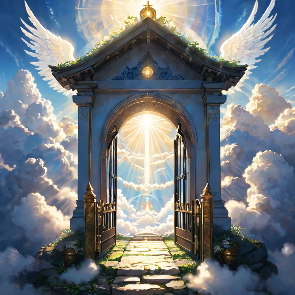 Shrine above the clouds, An angelic visit, Perfect lighting, Return the gate, A sacred space filled with light.