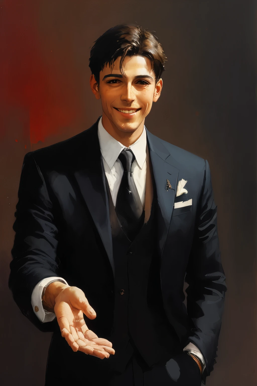 A lawyer, reach out your hand, smiling, confident, (style of peter wileman:0.5),