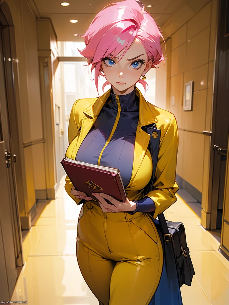 Mature woman with serious look, Facial Focus, big pink hair, shining blue eyes, wearing a mustard yellow jumpsuit, breasts big, looking 35 years old, eye on the spectator, look to the camera, , the background is a dark corridor, Hands on waist, thick-thighs, ((look ahead)), Masterpiece artwork, holding secret book
