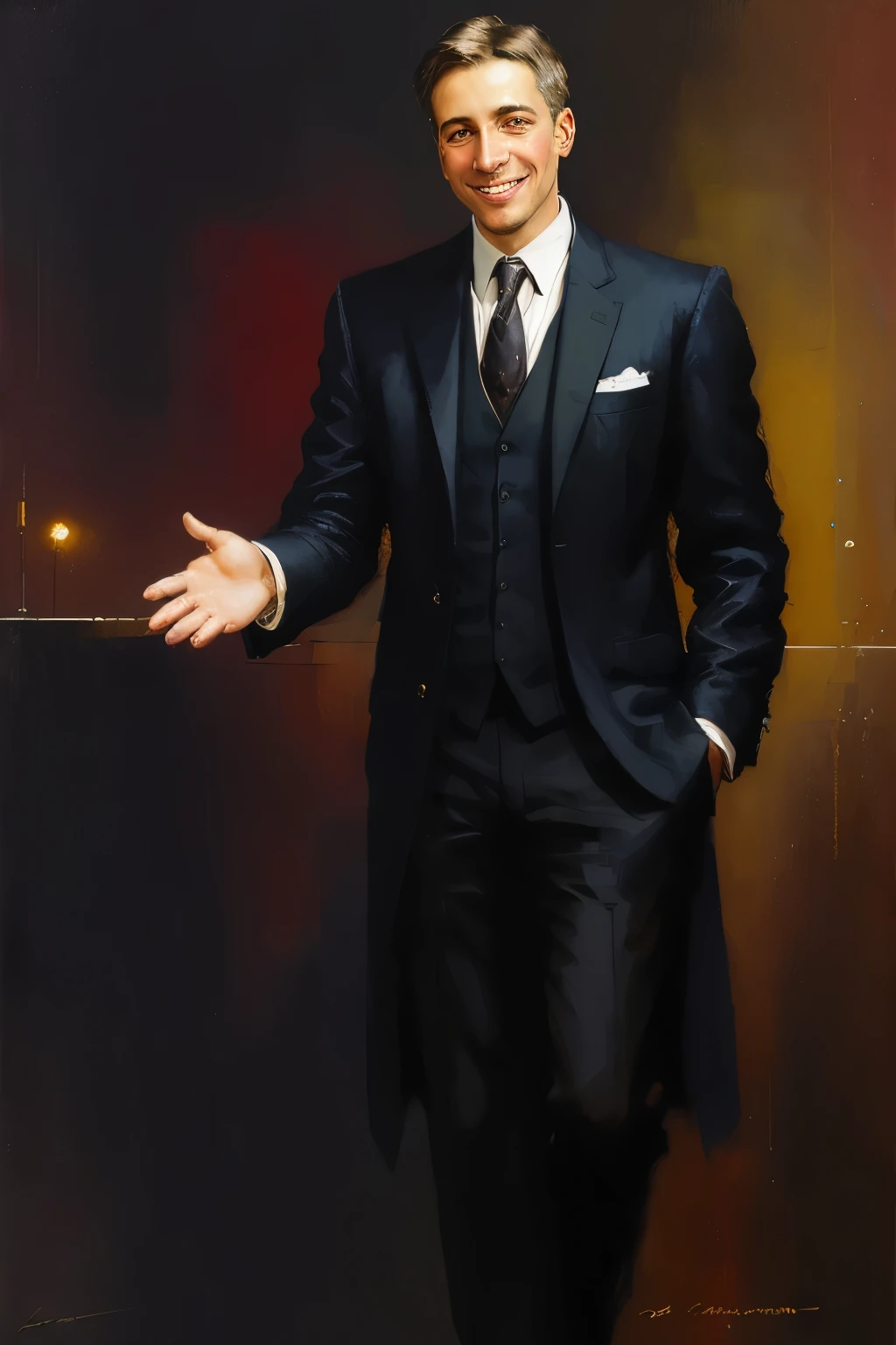 A lawyer, reach out your hand, smiling, confident, (style of peter wileman:0.5),