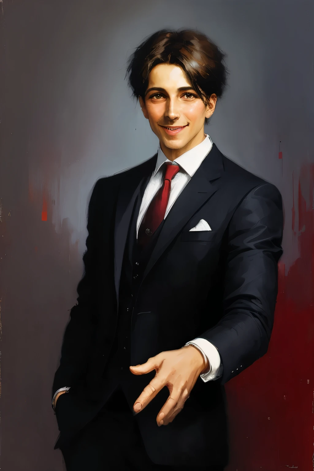 A lawyer, reach out your hand, smiling, confident, (style of peter wileman:0.5),