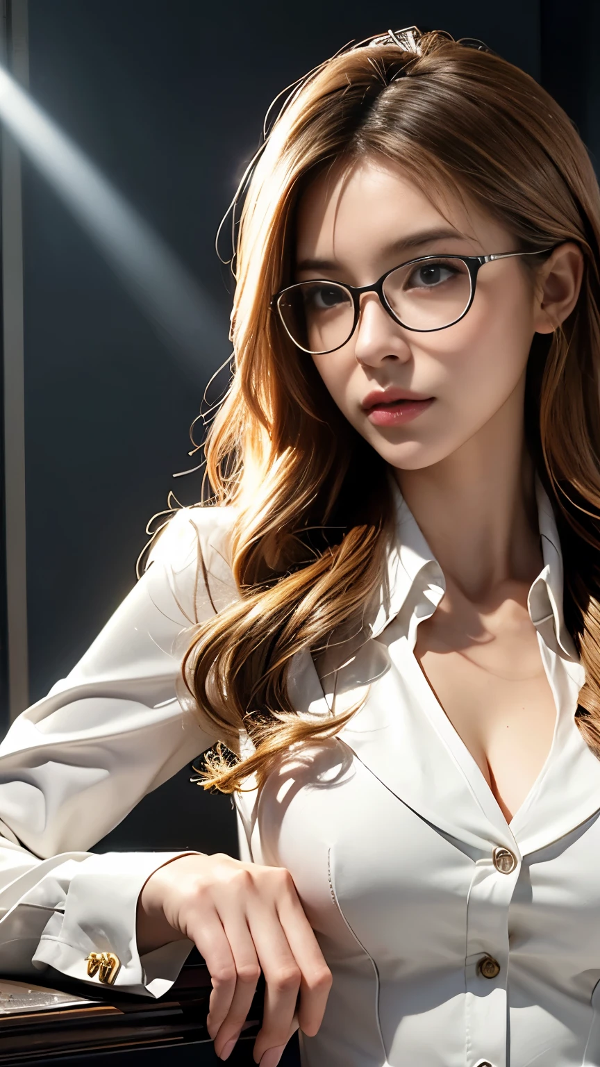 Highest quality, Highest quality, 16K, Unbelievably absurd, Very detailed, delicate and dynamic, Detailed facial depiction, Anatomically accurate skeleton, Particles reflect light, Diffuse reflection of light, Vortex of Light, Files on the desk, Spotlight, trial所, trial, Defense, Glassesが光を反射する, Create amazing image effects, Close-up, (sole sexy lady, big firm bouncing busts, long wavy blonde hair, lawyer, Powerful, Chic black suit, White blouse, pants suit, High heels, Glasses, Serious, Self, enthusiasm, Spiel, Stand up and read the document, Glassesを手で押し上げる,)