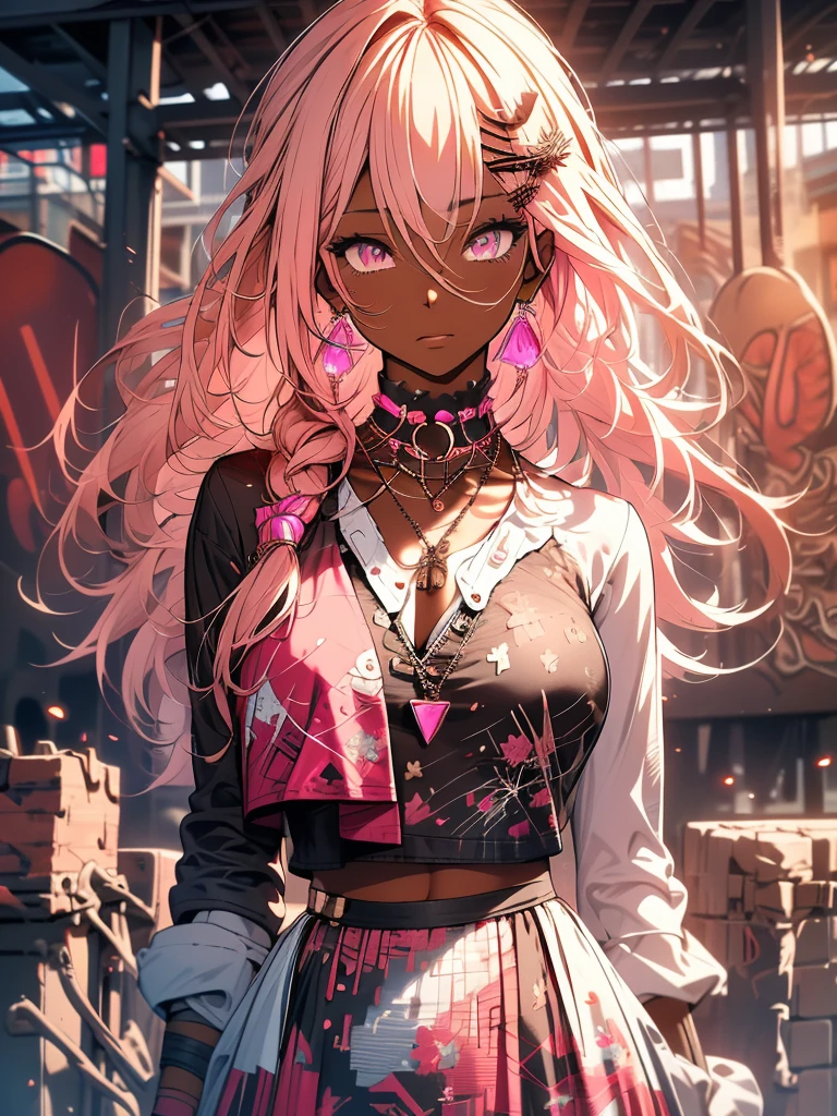 (masterpiece, best quality, 1girl, solo, dark skinned woman, black skin, intricate details, chromatic aberration), realistic, long hair, pink hair, red head ornament, pink highlights, hair over one eye,purple eyes, earrings, sharp eyes, choker, neon shirt, open jacket, crop top, long boots, (symmetry eyes),(perfect symmetrical body),against wall, brick wall, graffiti, dim lighting, alley ,look at viewer, showing all body, whole body on picture (head to toes)