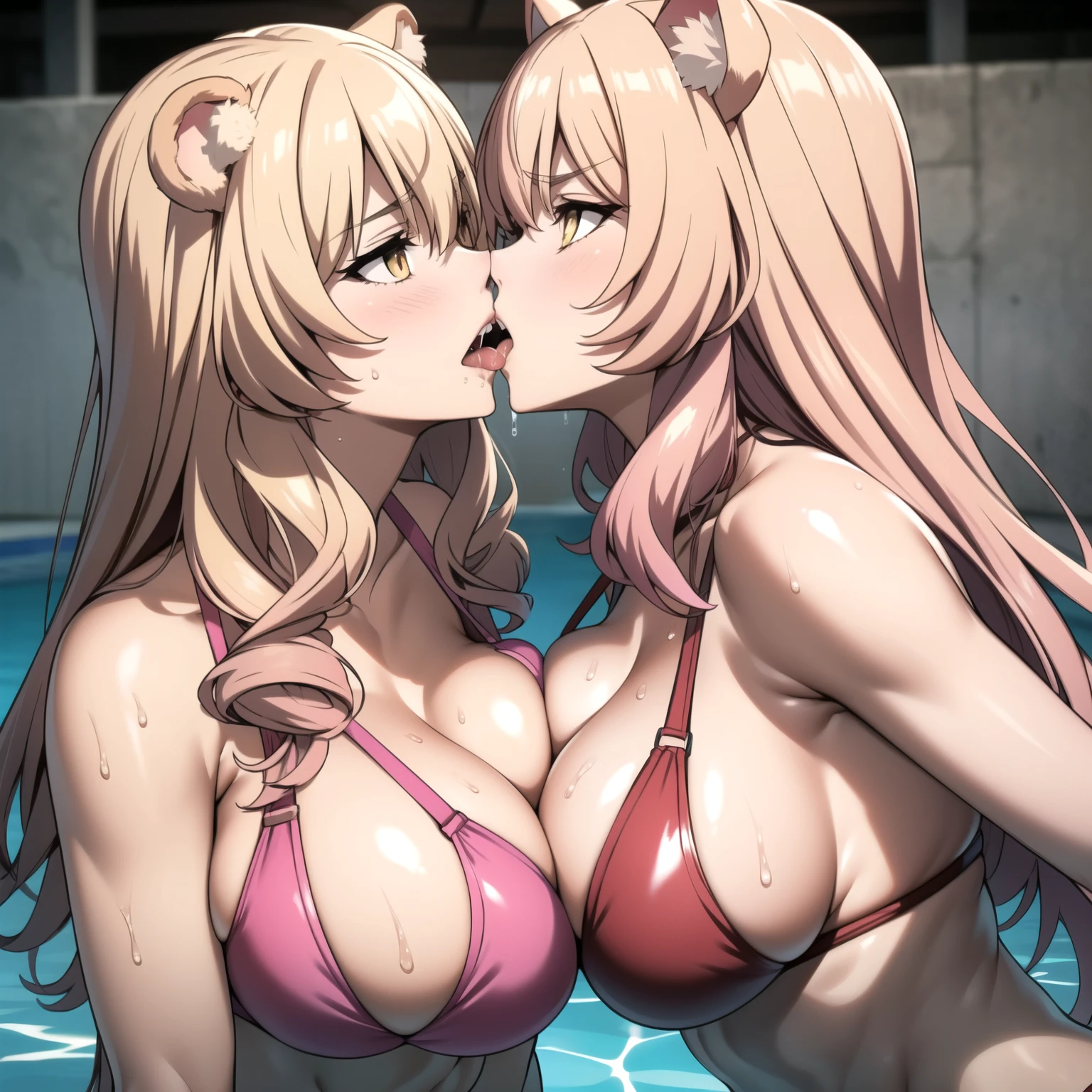 Raphtalia. two women, bear and cat ears, yellow eyes, blonde hair with pink tips, , expression of fury open mouth, frown, pink bikini, big breastskiss con lengua, kiss. fondo una piscina. sweaty bodies, kiss saliva.