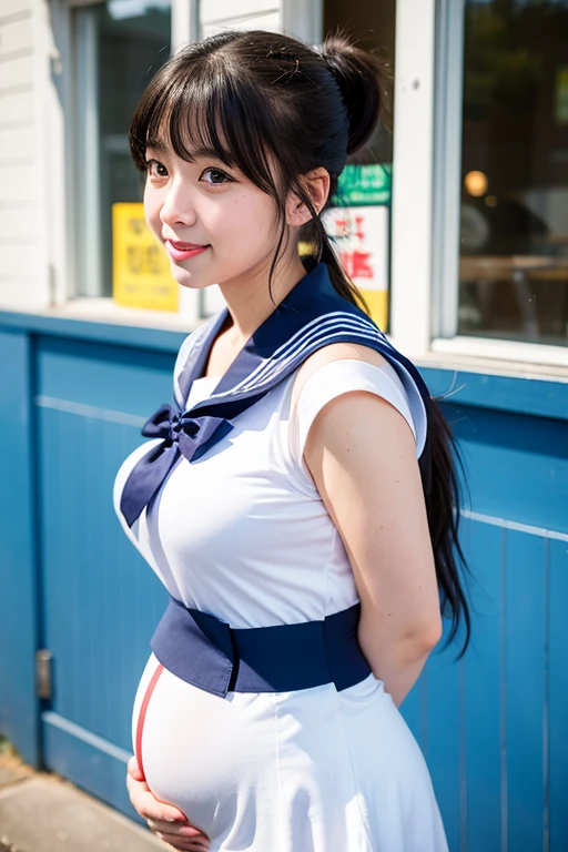 A high school girl wearing a sailor suit is pregnant。Black hair ponytail