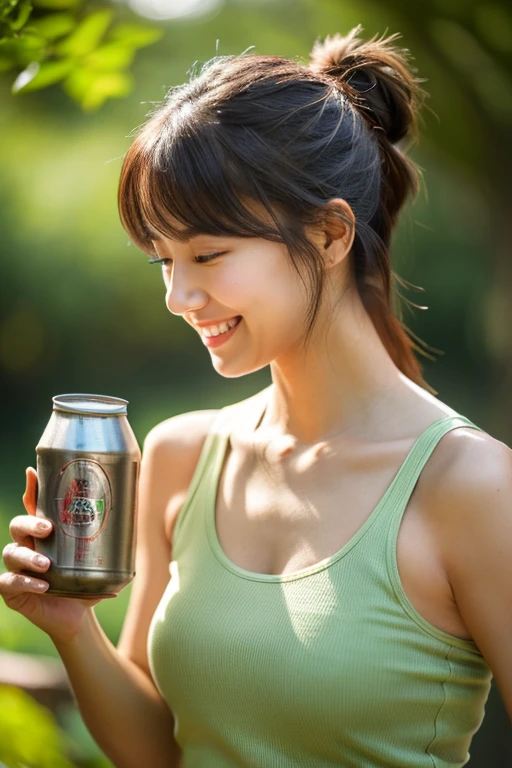 High resolution, masterpiece, Anatomically correct, Attention to detail, High resolutionモデル, One Woman, cute, In the woods、Beautiful Japanese woman grilling meat for a barbecue, 28 years old, In his right hand he is holding a can of beer, In his left hand he holds a skewer of meat, Bangs, Low Ponytail, Braided Ponytail, Smile pleasantly, Olive drab tank top, Skinny jeans, Fresh Green Forest, Bright sunlight, The outline of her hair shines in the backlight., Due to the reflection of the surface of the barbecue grill、Provides a good lighting effect on the face from below, whole body, Cinematic Lighting Effects, hot summer images, sense of openness, 