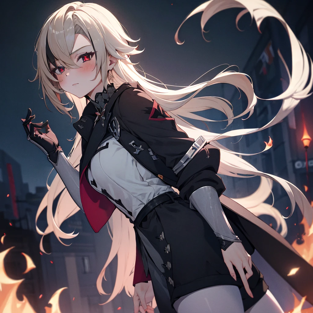 1girl, ashen_blond_hair, long_hair, bangs, red_eyes, two_side_up, hair_over_one_eye, blush, medium_breasts, Black_trench_coat, white_shirt, gauntlets, Black_pantyhose, grey_shorts, pale skin,