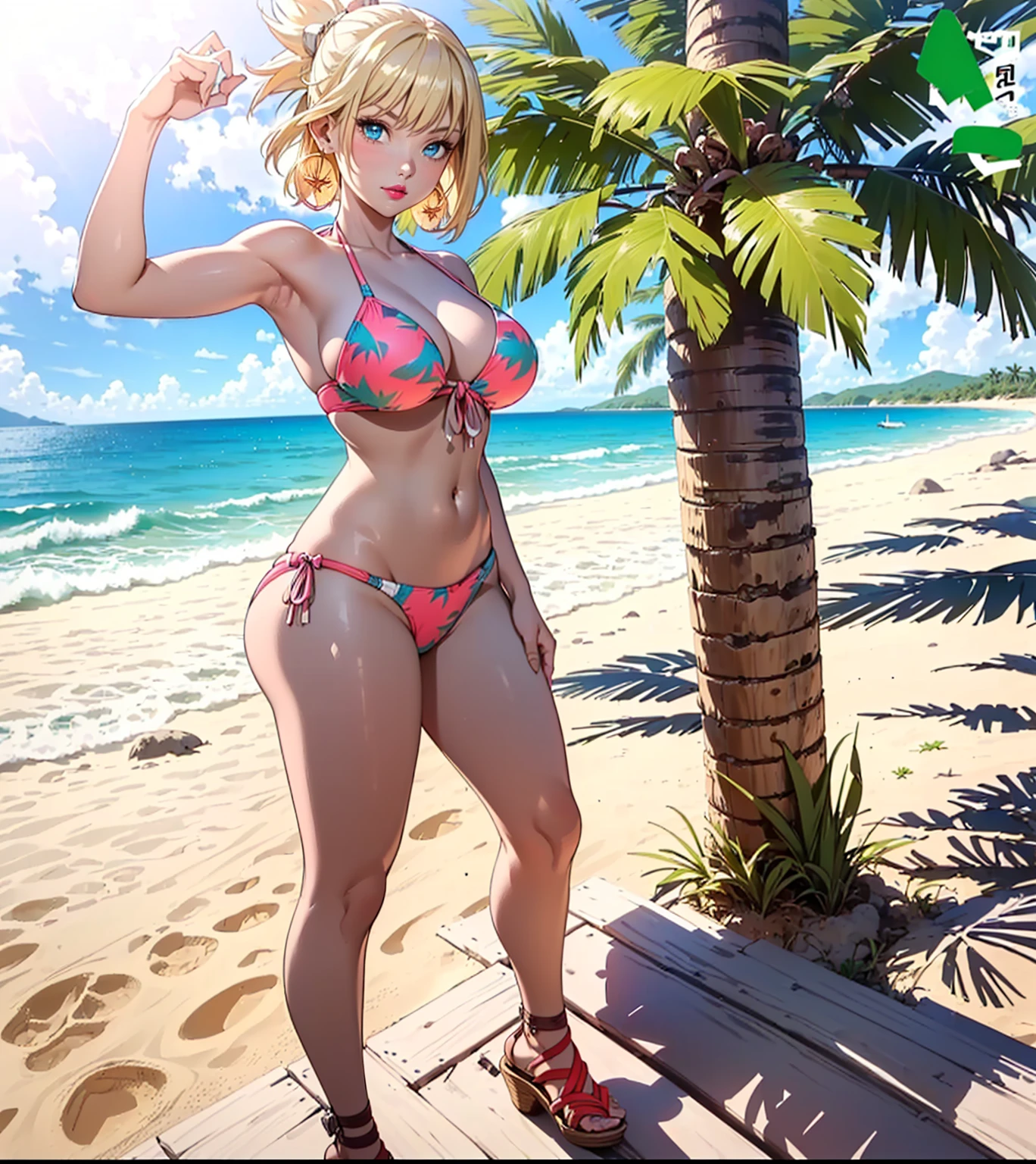 ((1woman, (solo, 1girl, alone), kohaku, blonde hair, blue eyes, tied hair)), smug, ((solo, (1woman, pink lipstick), Extremely detailed, ambient soft lighting, 4k, perfect eyes, a perfect face, perfect lighting, a 1girl)), austere, ((printed bikini, colorful bikini, beach thong, wooden bridge, beach, sand, palm tree, trees, sea, sunny day, clouds, sandals, high chin, sun, earrings))