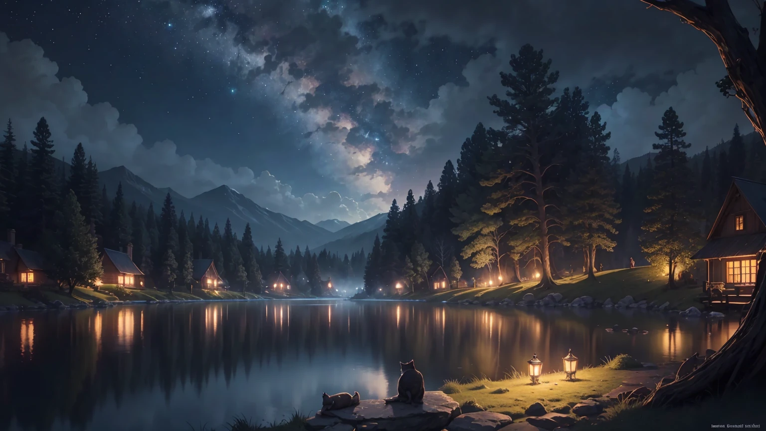 "At the edge of a serene lake, a peaceful cat sleeps soundly on the back of a mysterious giant toad, surrounded by several small toads and frogs. The atmosphere is calm and tranquil, with a touch of subtle magic. The night sky is illuminated by a full moon, with scattered clouds and a twinkling starry web above. Depict this scene in hyper-detailed, high-quality digital art, emphasizing the serene and magical atmosphere of the scene. .