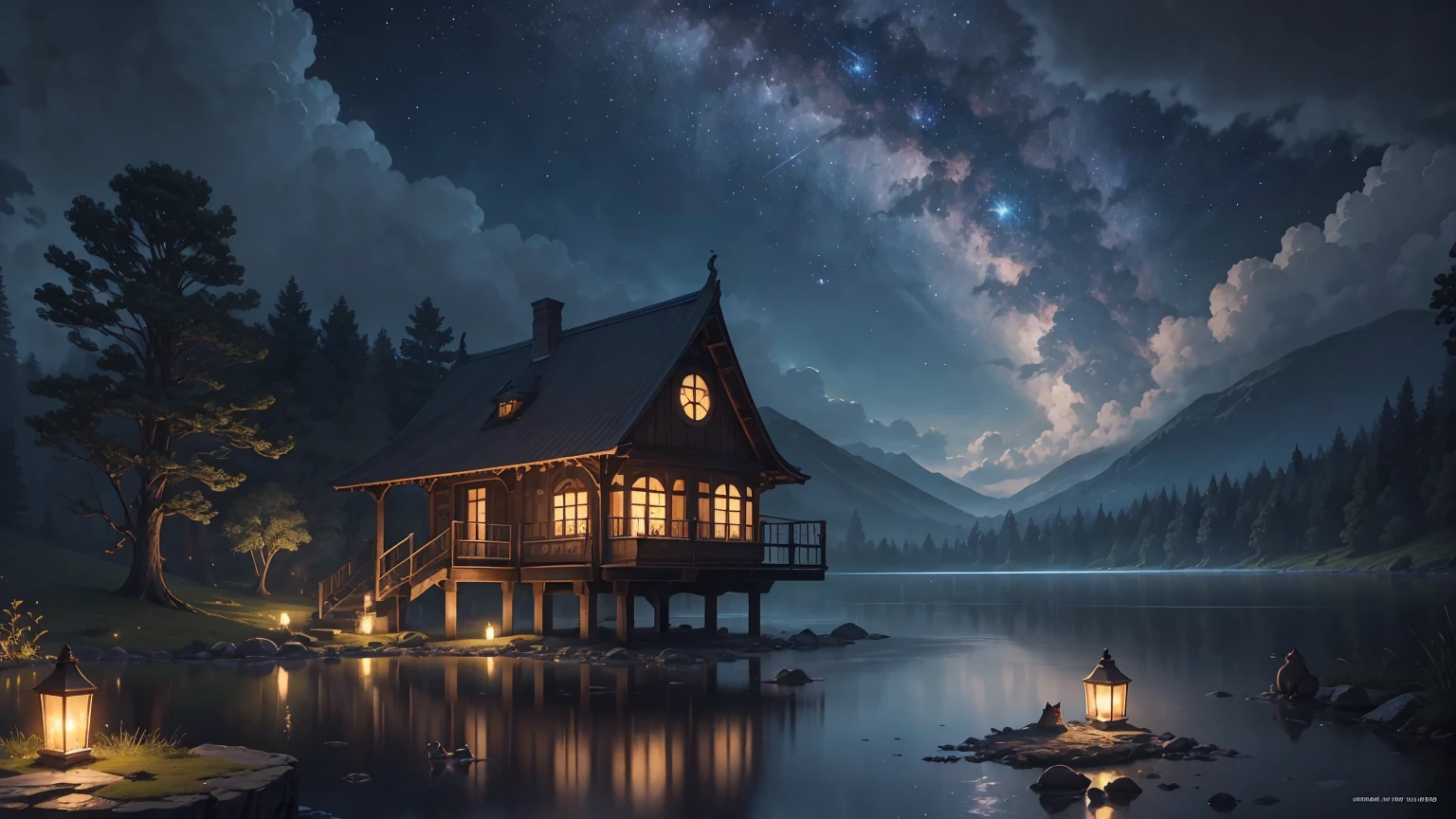 "At the edge of a serene lake, a peaceful cat sleeps soundly on the back of a mysterious giant toad, surrounded by several small toads and frogs. The atmosphere is calm and tranquil, with a touch of subtle magic. The night sky is illuminated by a full moon, with scattered clouds and a twinkling starry web above. Depict this scene in hyper-detailed, high-quality digital art, emphasizing the serene and magical atmosphere of the scene. .