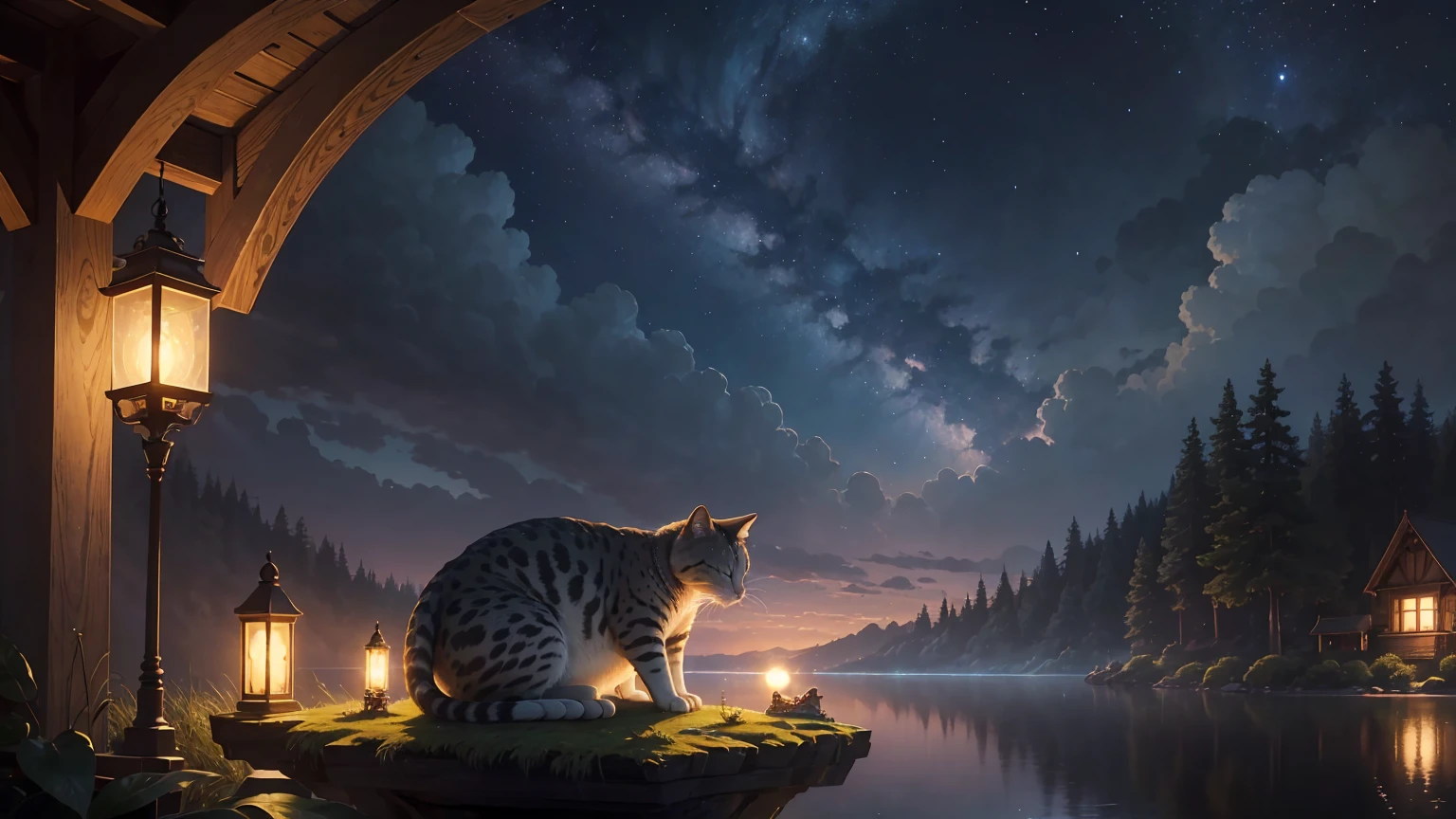 "At the edge of a serene lake, a peaceful cat sleeps soundly on the back of a mysterious giant toad, surrounded by several small toads and frogs. The atmosphere is calm and tranquil, with a touch of subtle magic. The night sky is illuminated by a full moon, with scattered clouds and a twinkling starry web above. Depict this scene in hyper-detailed, high-quality digital art, emphasizing the serene and magical atmosphere of the scene. .