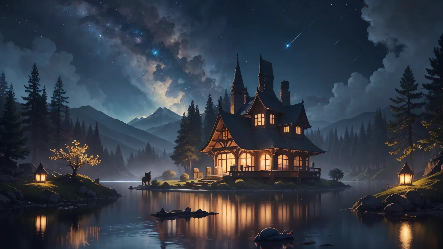 "At the edge of a serene lake, a peaceful cat sleeps soundly on the back of a mysterious giant toad, surrounded by several small toads and frogs. The atmosphere is calm and tranquil, with a touch of subtle magic. The night sky is illuminated by a full moon, with scattered clouds and a twinkling starry web above. Depict this scene in hyper-detailed, high-quality digital art, emphasizing the serene and magical atmosphere of the scene. .

